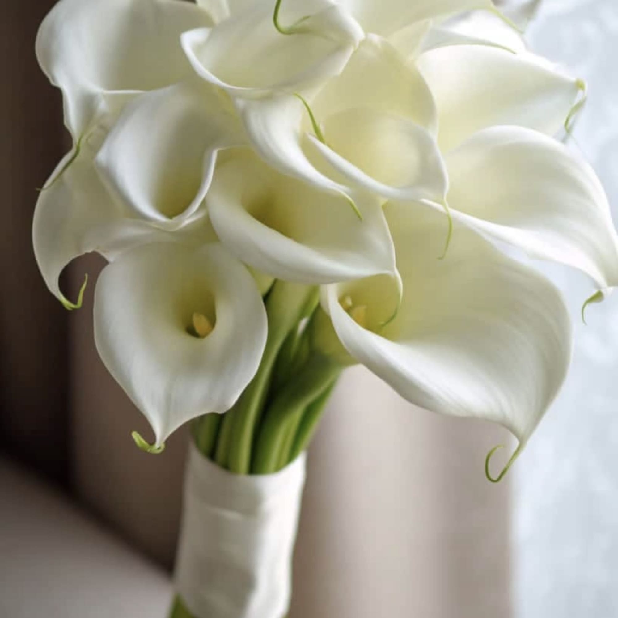 Bouquet of white calla lilies tied with a white ribbon