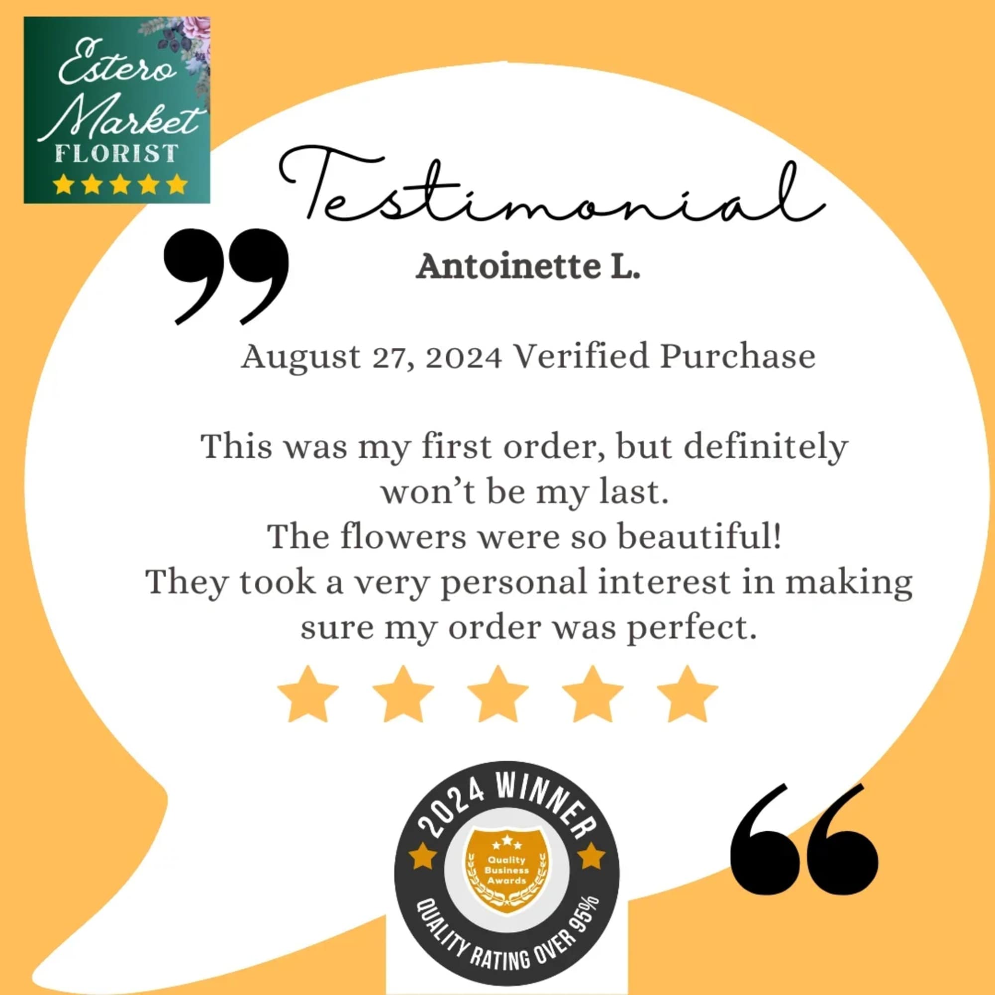 Testimonial graphic with a florist logo, quote marks, and award badges