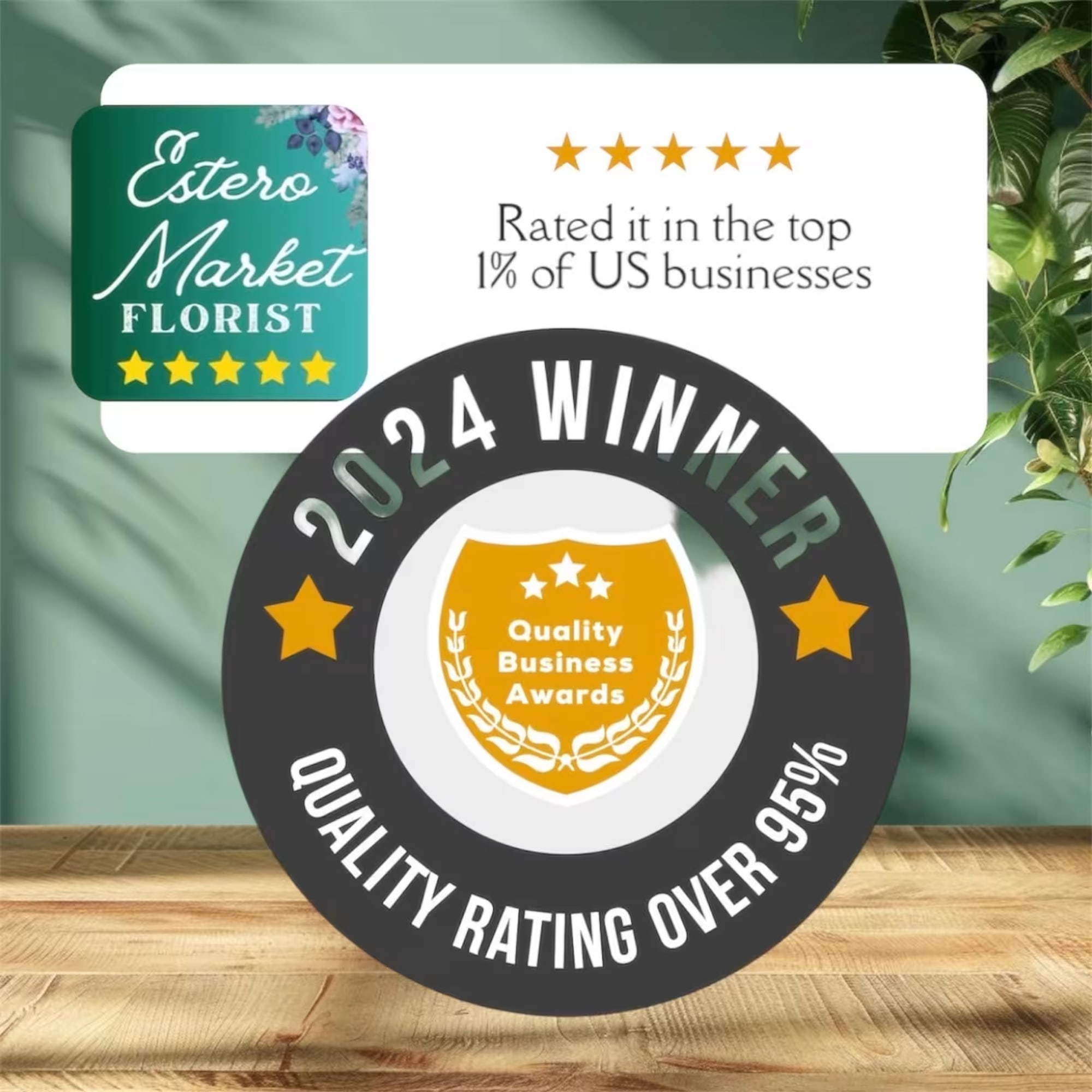 Award badges and florist rating graphics on a wall display