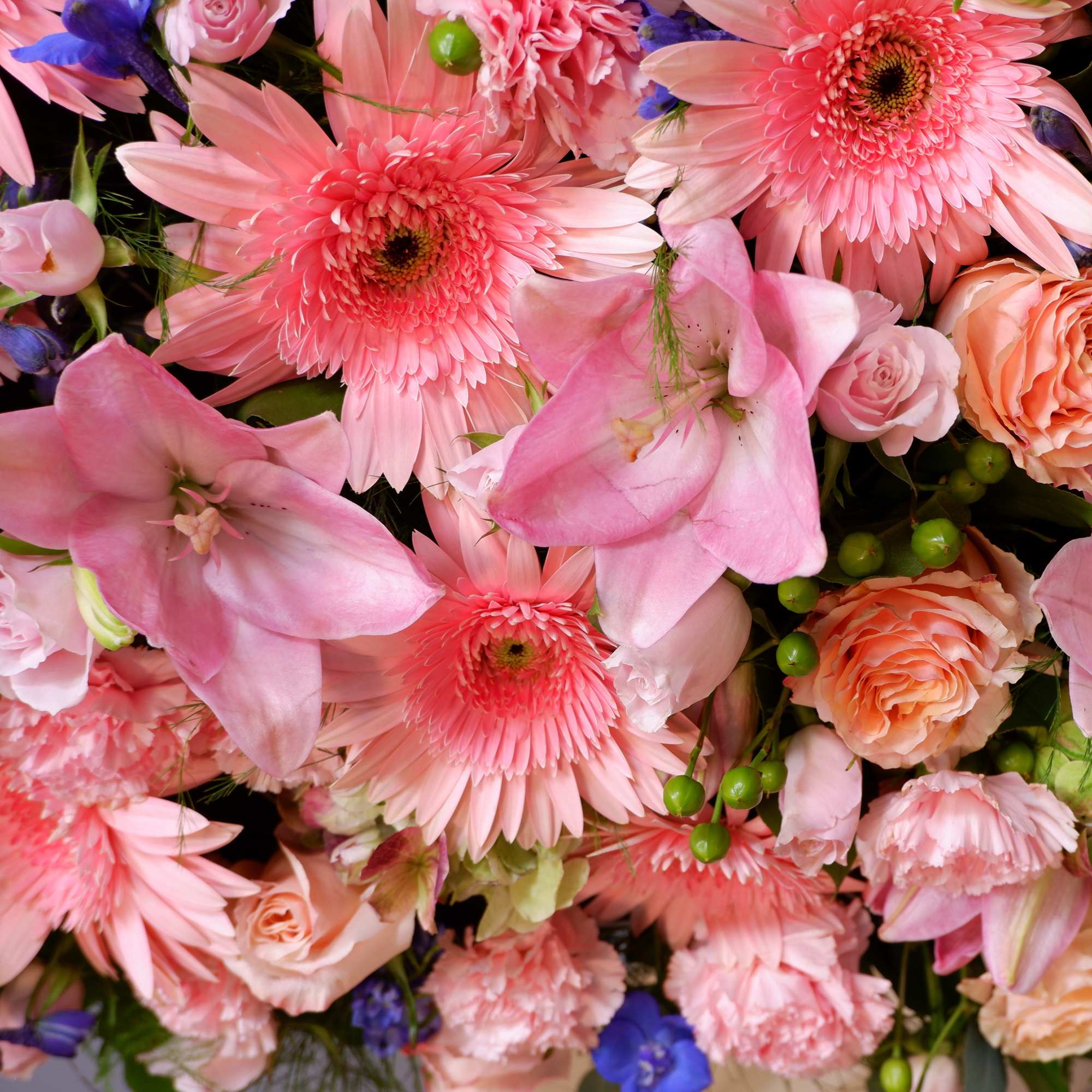 Pink gerbera daisies, lilies, and roses in a dense bouquet