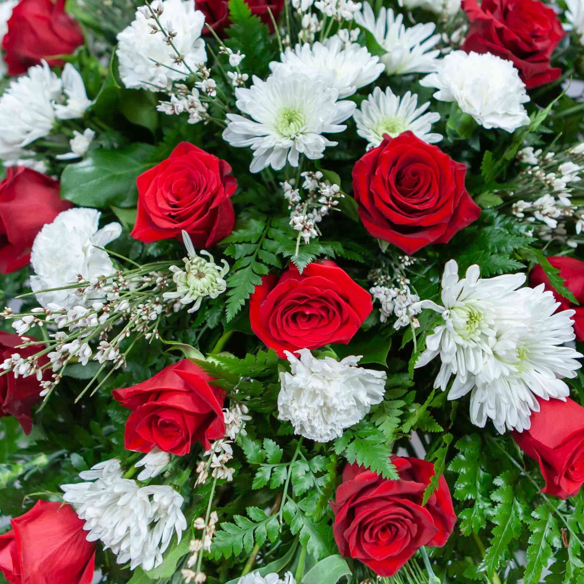 Red roses and white daisies in a dense floral arrangement