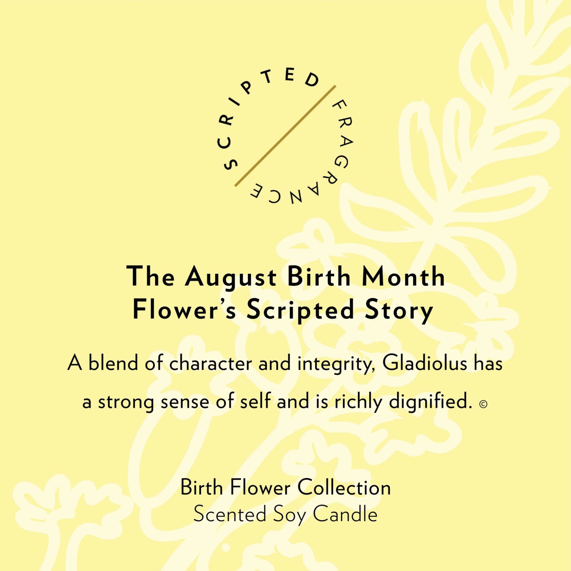 Yellow candle label with text and white floral outlines