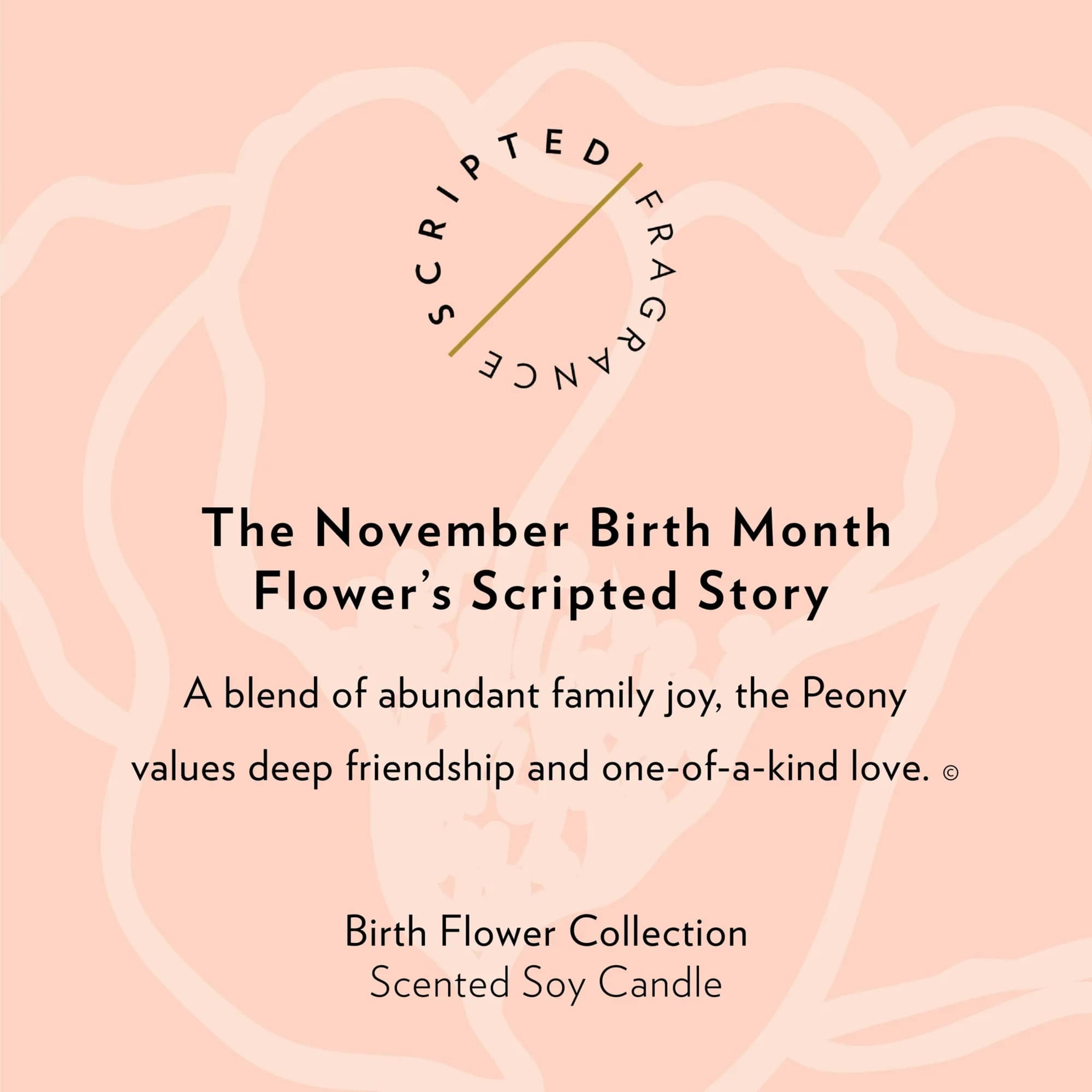 Pink candle label with text about November birth flower peony