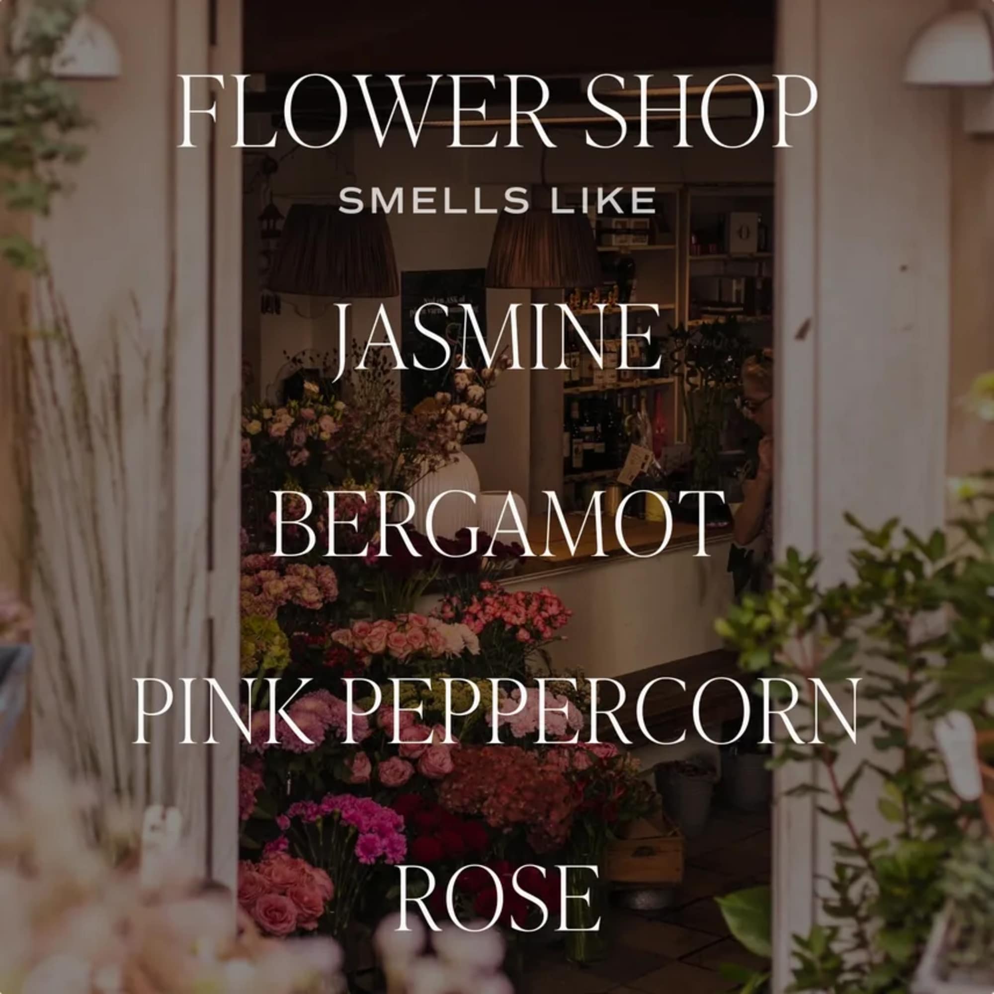 Flower shop interior with bouquets and large text overlay