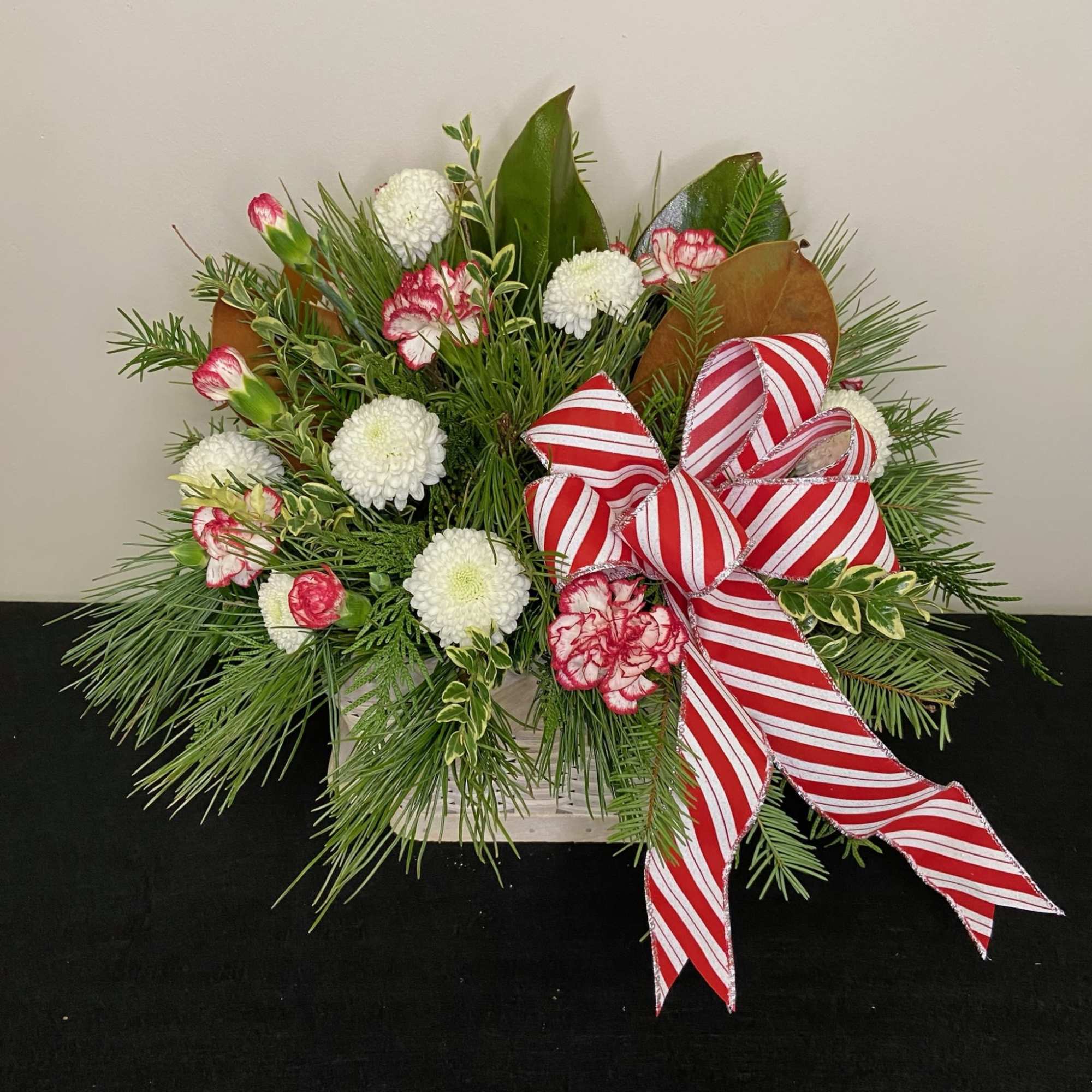 Candy cane carnations with ice cap poms and subtly fragrant winter greens