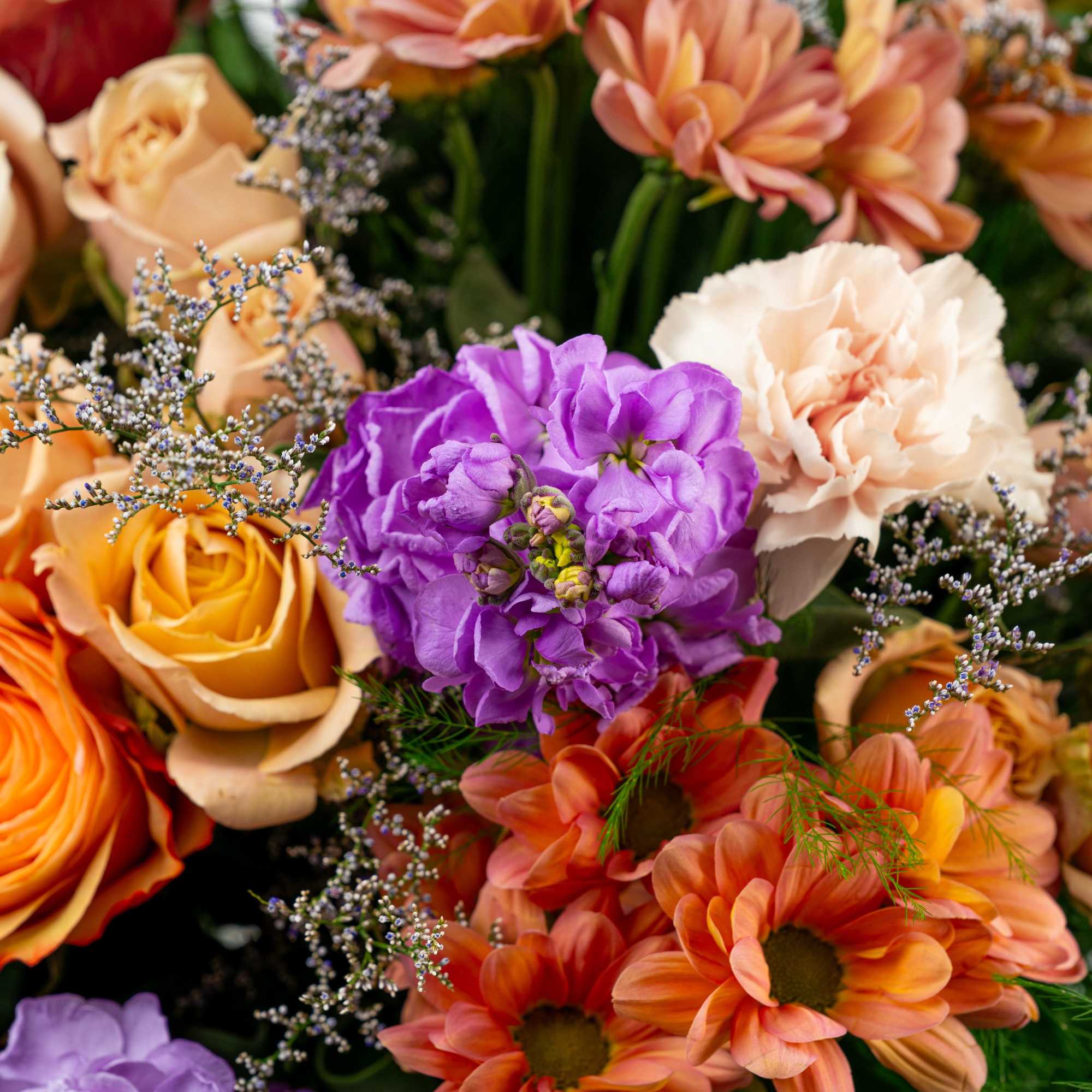 Mixed bouquet with purple, peach, and orange flowers