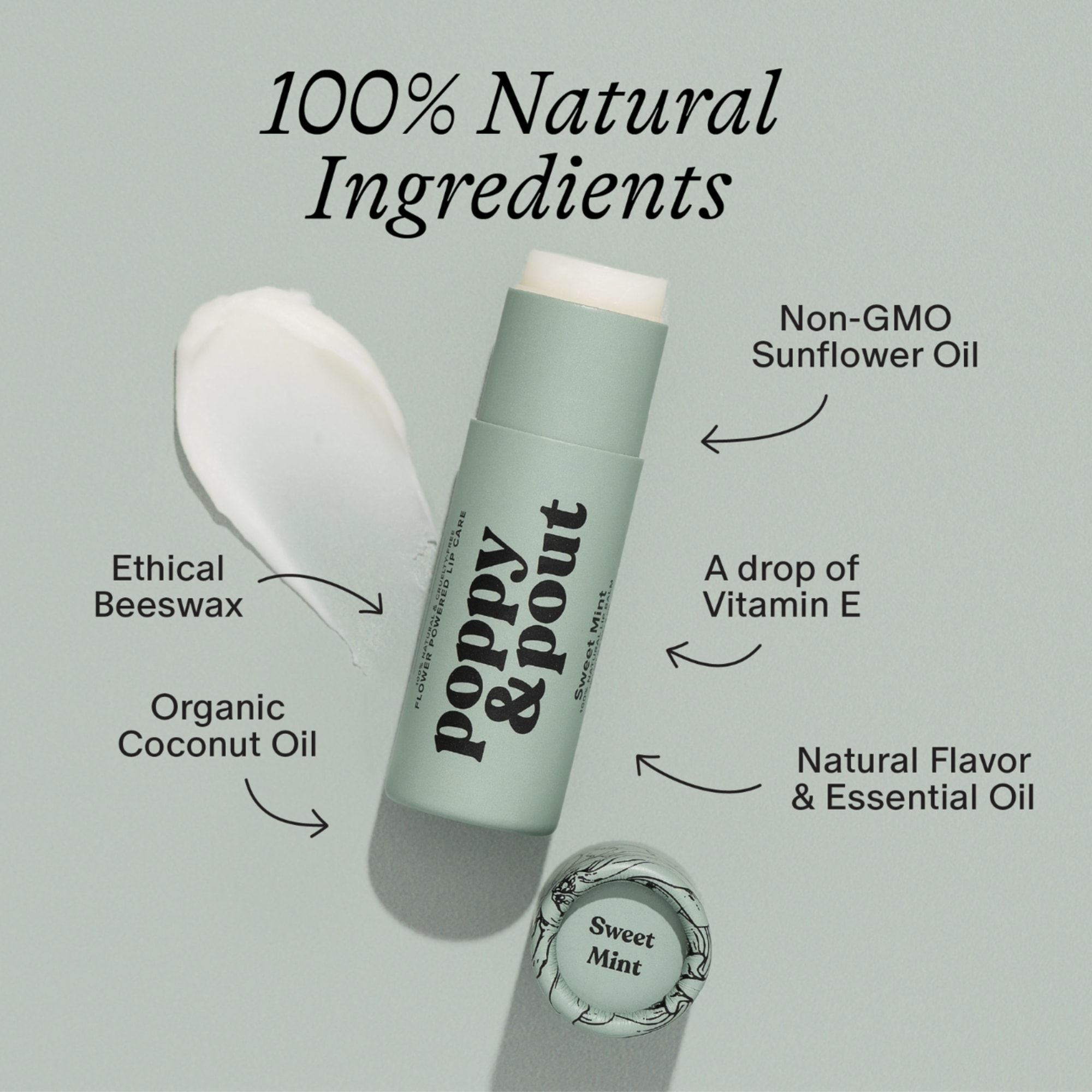 Mint lip balm tube with a balm swipe and ingredient callouts