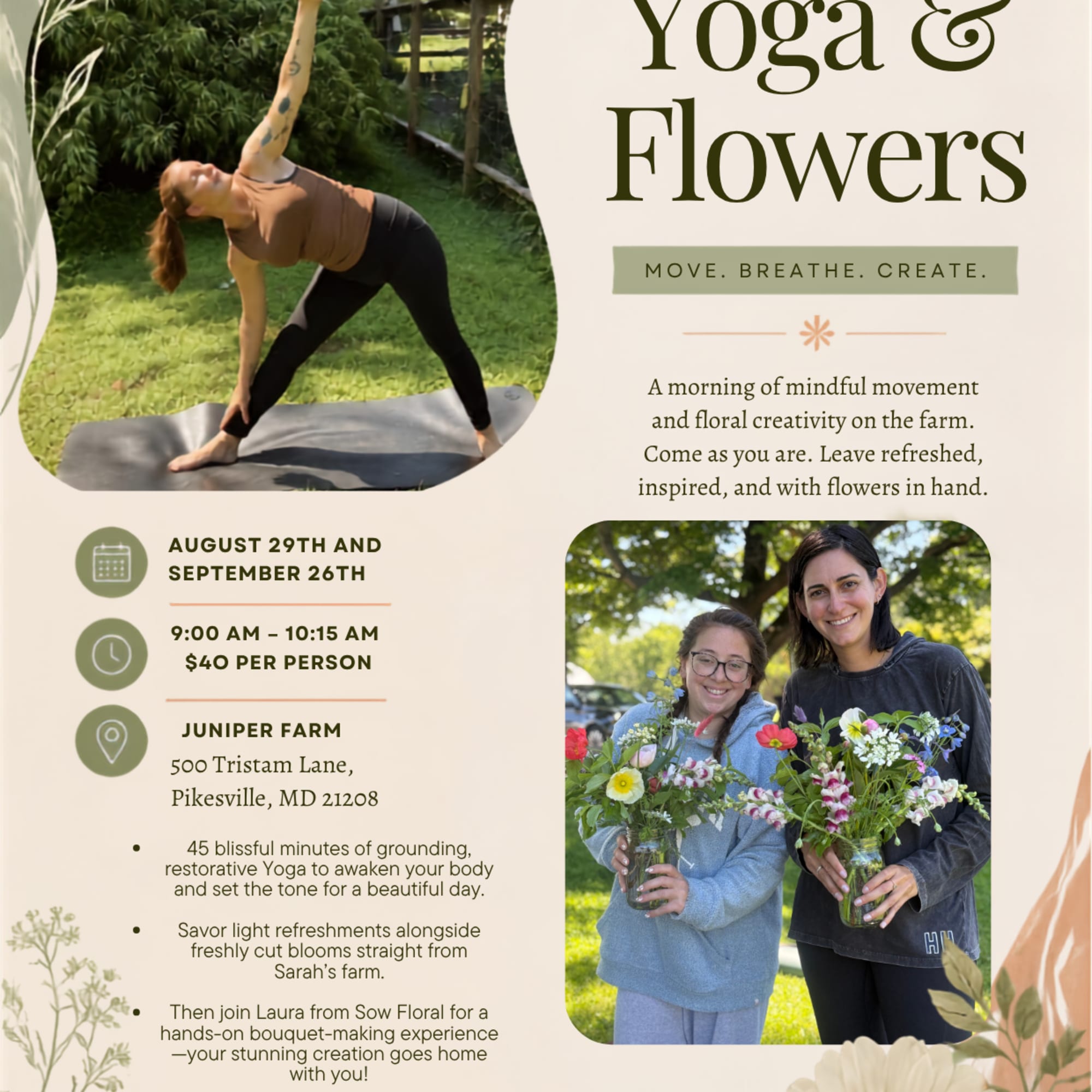 Yoga class flyer with two women holding flower bouquets on a farm
