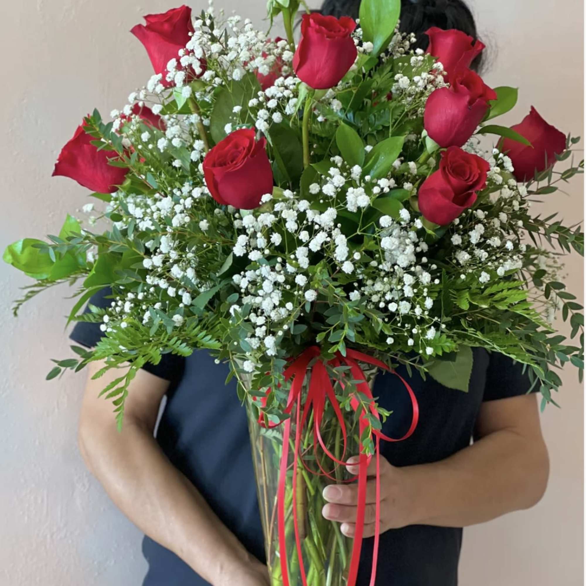 1 dozen red roses with greens and filler flowers (filler will depend, photo 2 of 2