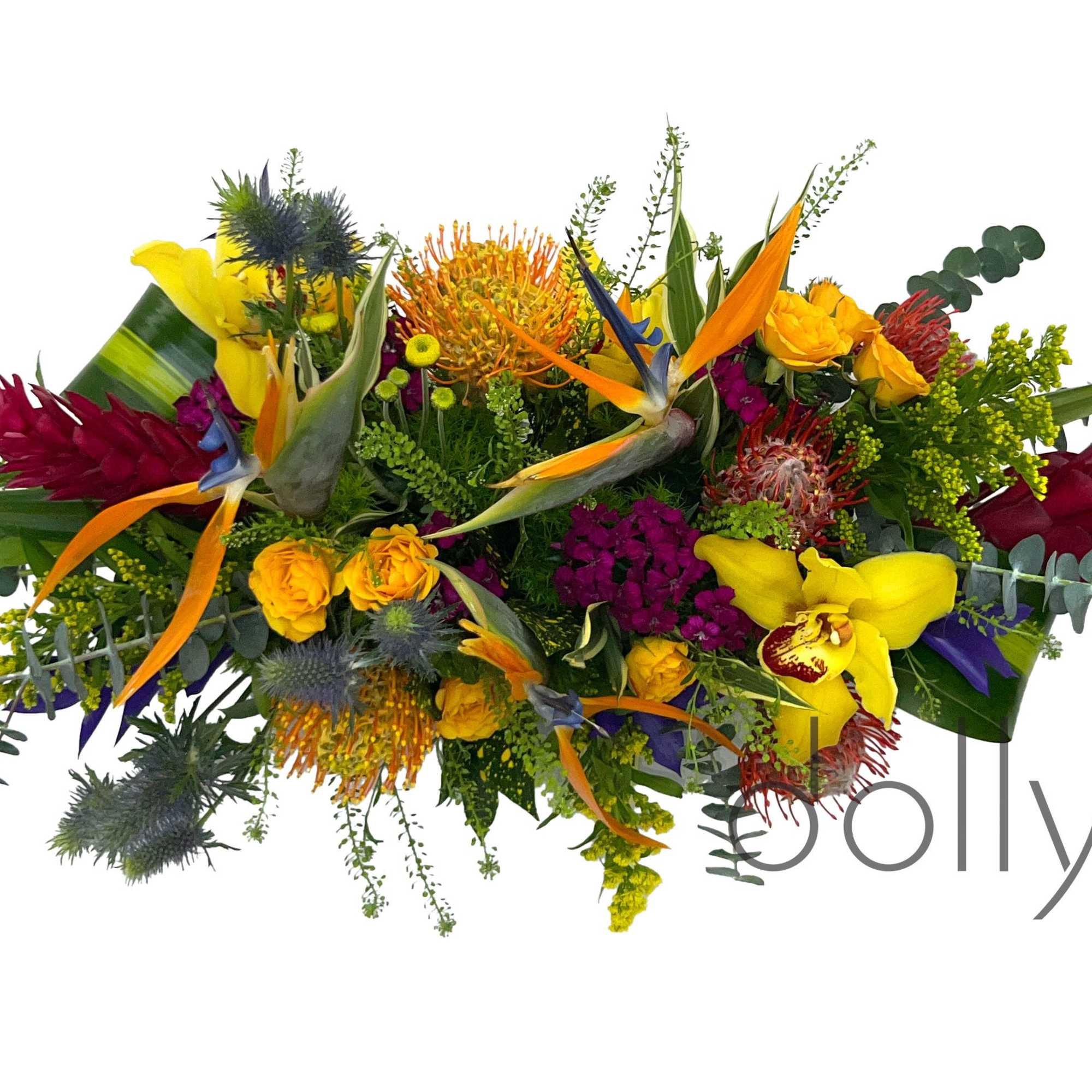 Tropical bouquet with bird of paradise, orchids, and bright mixed blooms