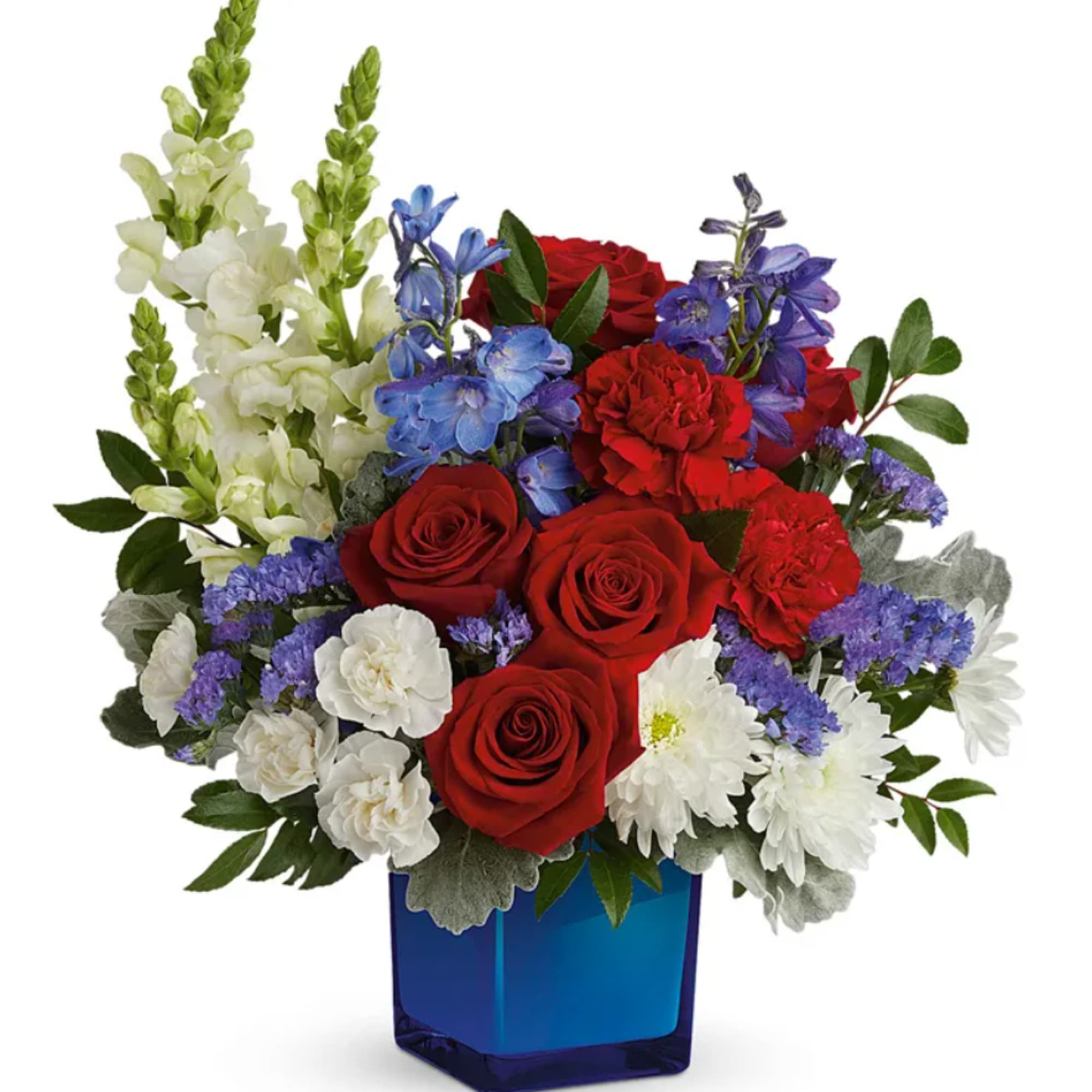 These patriotic and beautiful colors of red roses, red carnations, white miniature