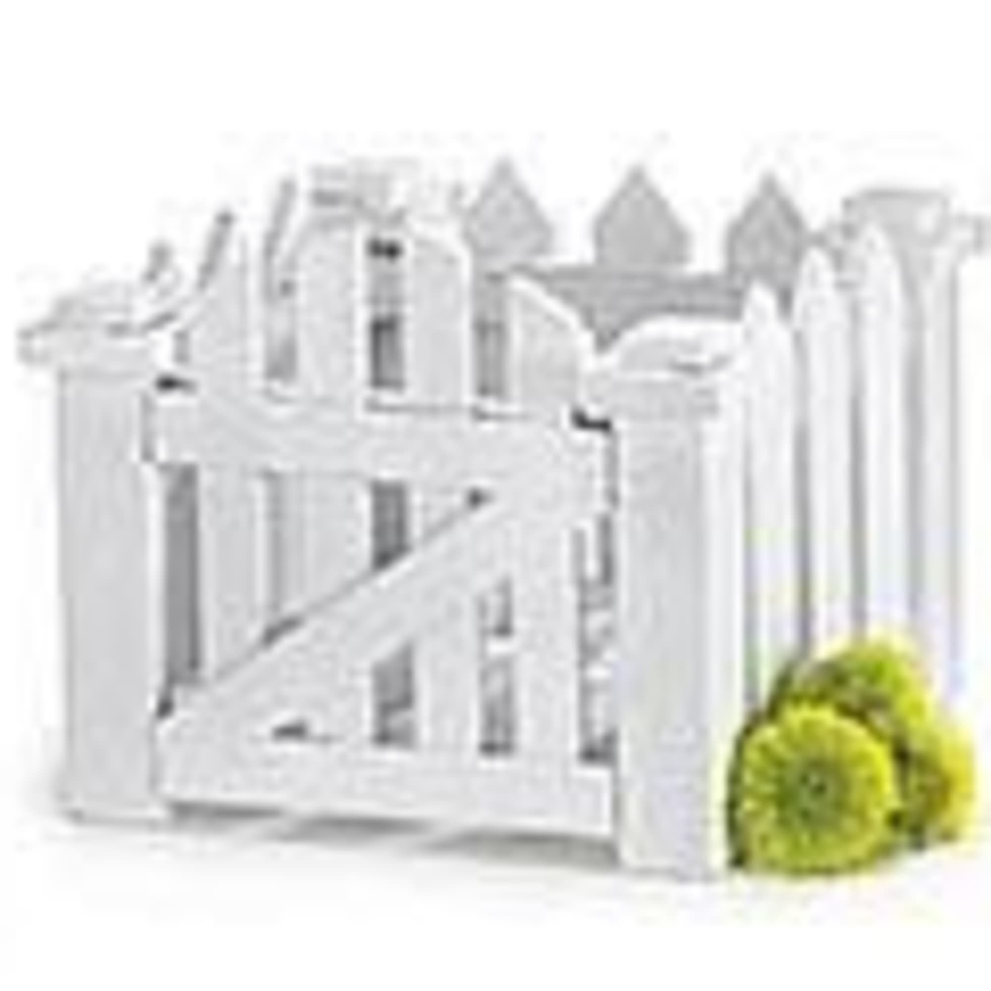 White picket fence with two green pom-pom flowers at the base