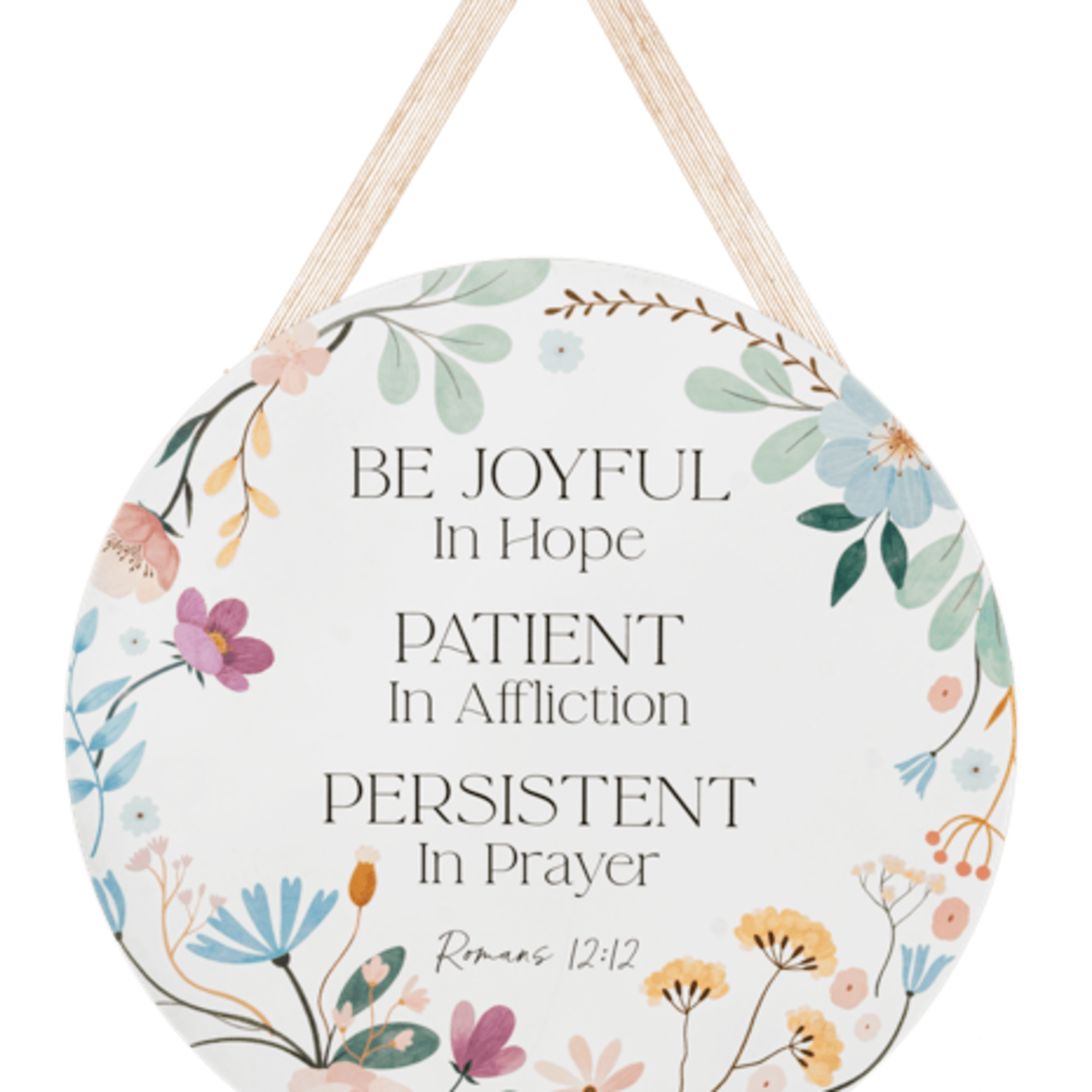 Round floral wall sign with Bible verse and pastel flowers