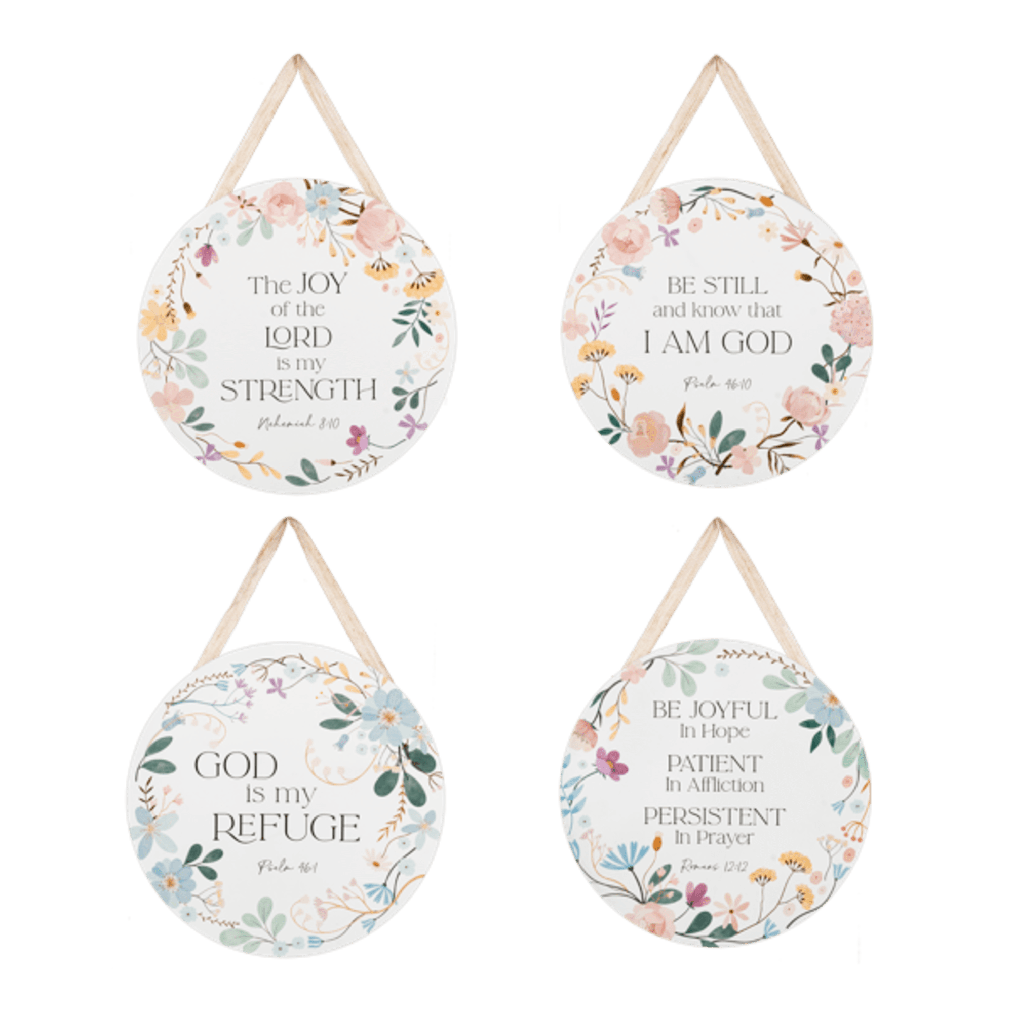 Four round floral wall signs with Bible verses and rope hangers