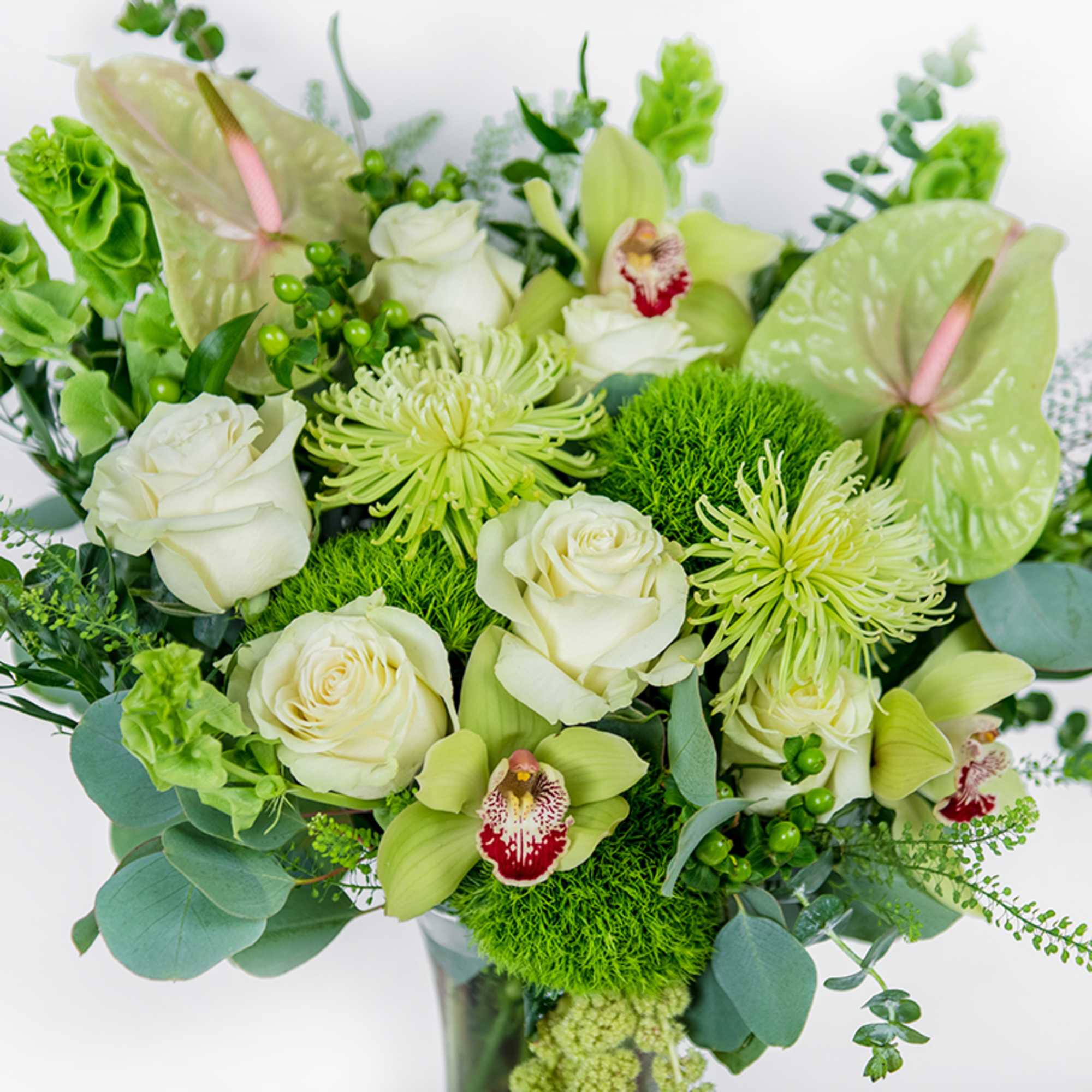 Green and white bouquet with roses, orchids, and anthuriums in a vase