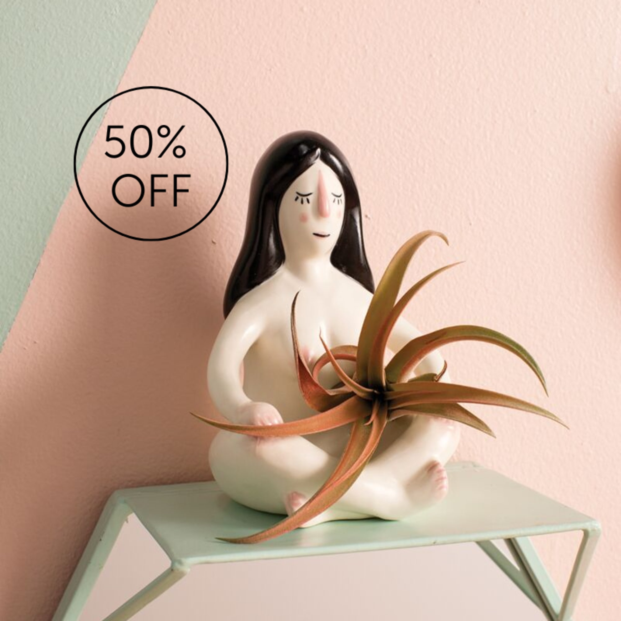 Ceramic figurine holding an air plant on a small table with a 50% off sign