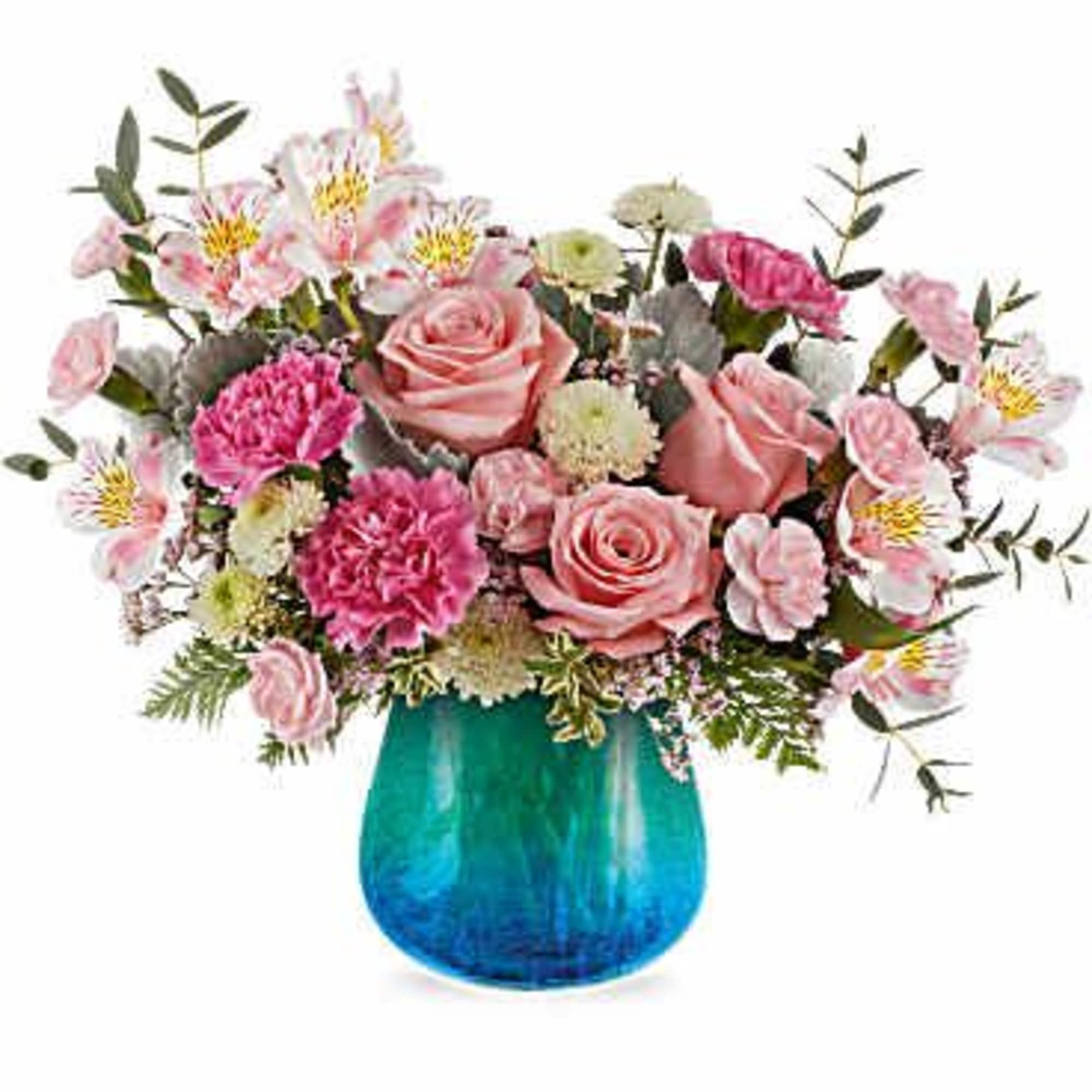 Soft and serene, the Blue Hues Bouquet delights with blush pink blooms
