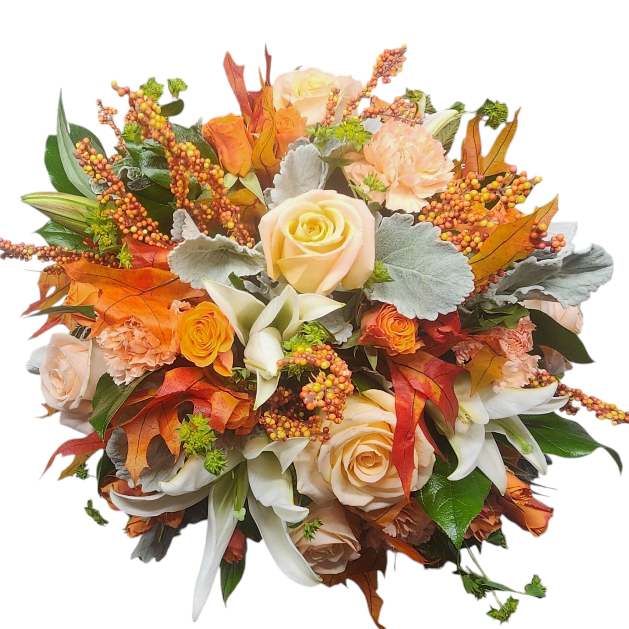 Autumn bouquet with cream roses, white lilies, and orange flowers