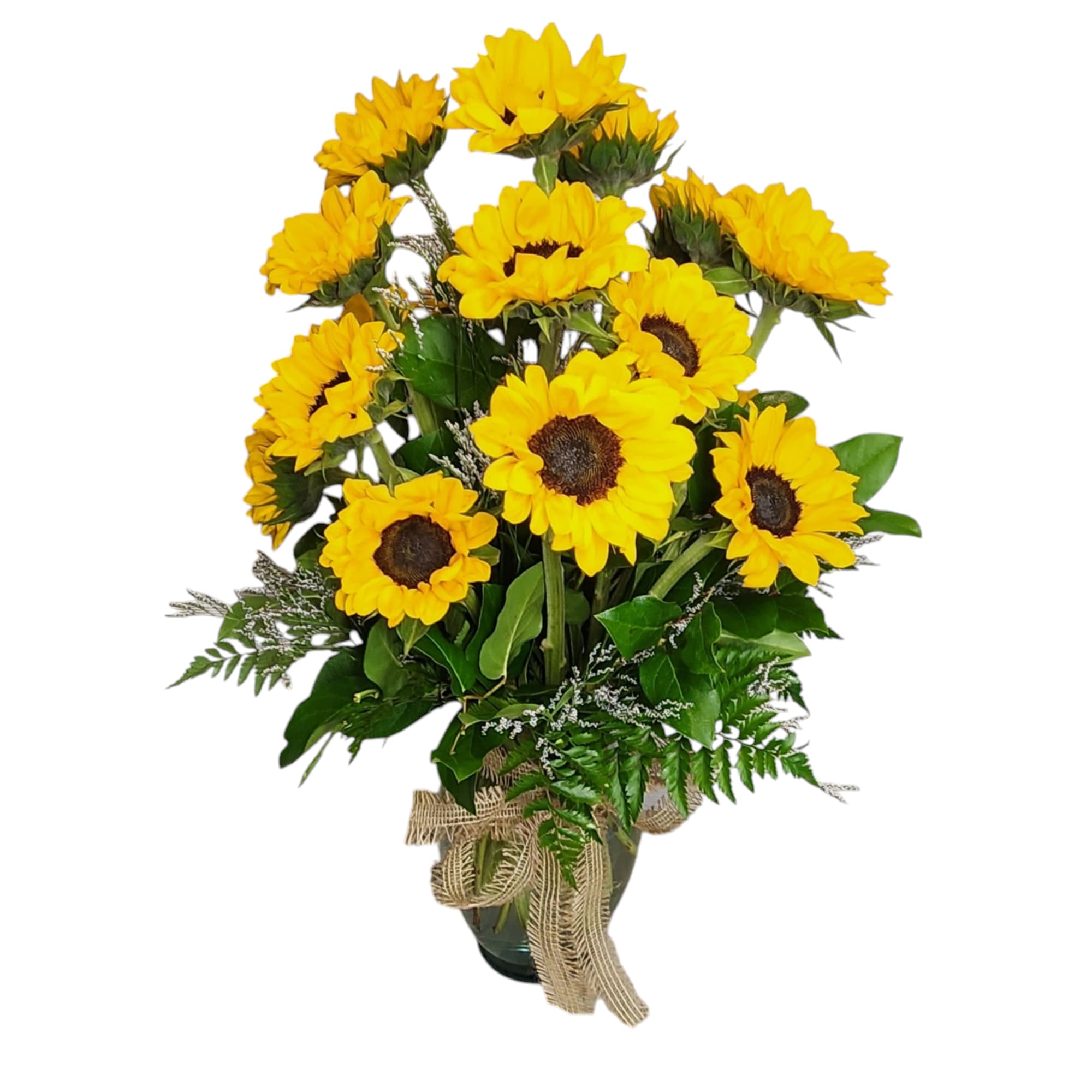 Bouquet of yellow sunflowers in a glass vase with burlap ribbon