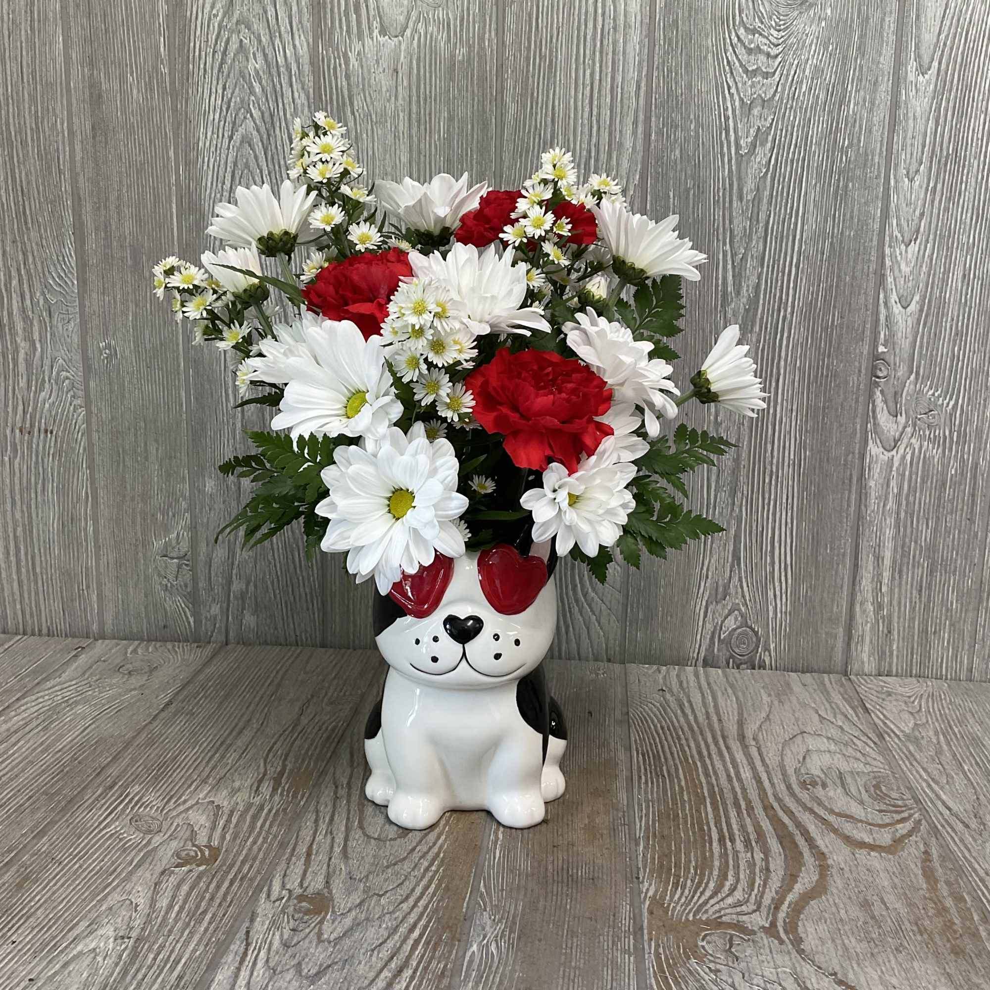 Beautiful fresh cut flowers arranged in a keepsake ceramic dog container. Flowers, photo 3 of 3