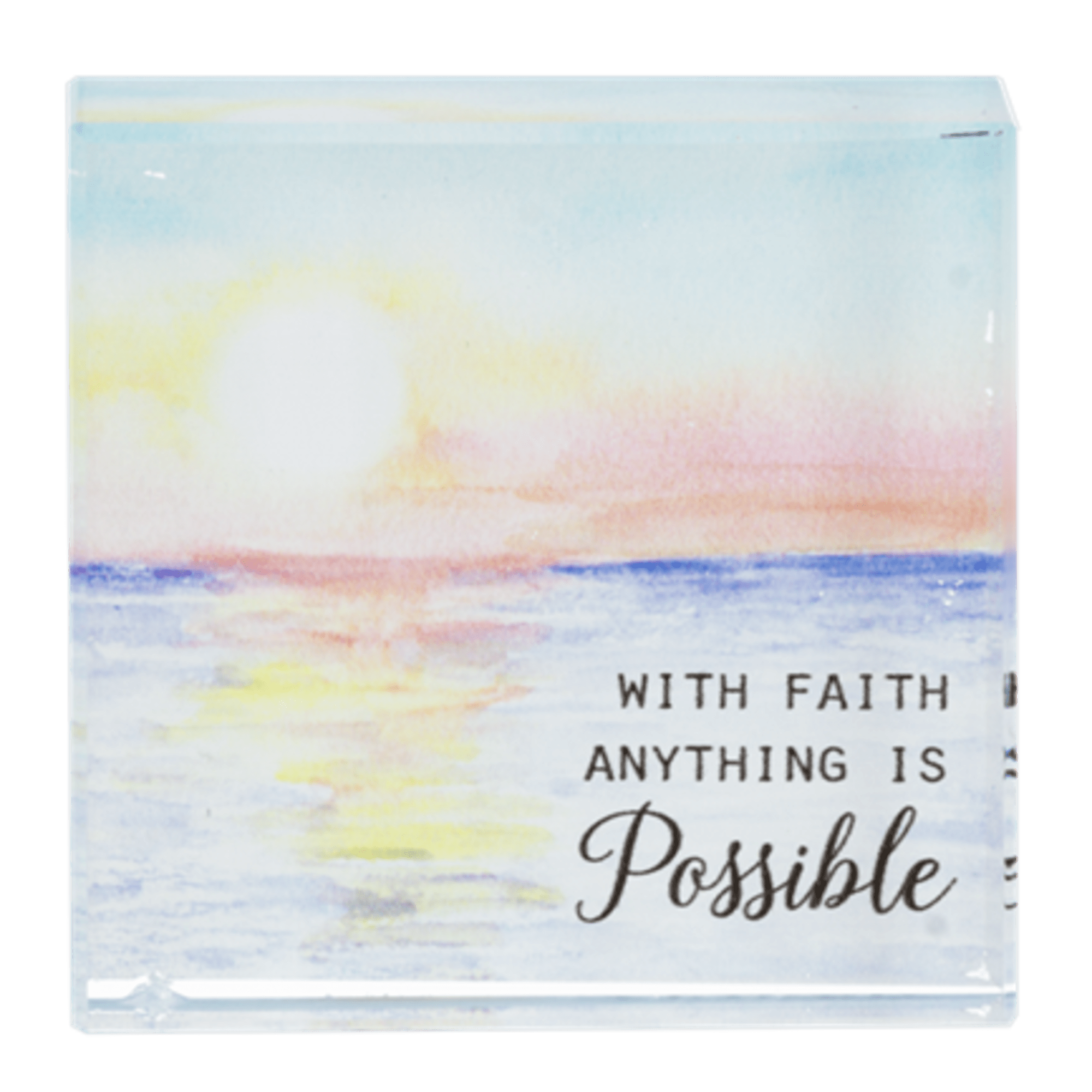 Decorative plaque with a sunrise scene and the words "With faith anything is possible"