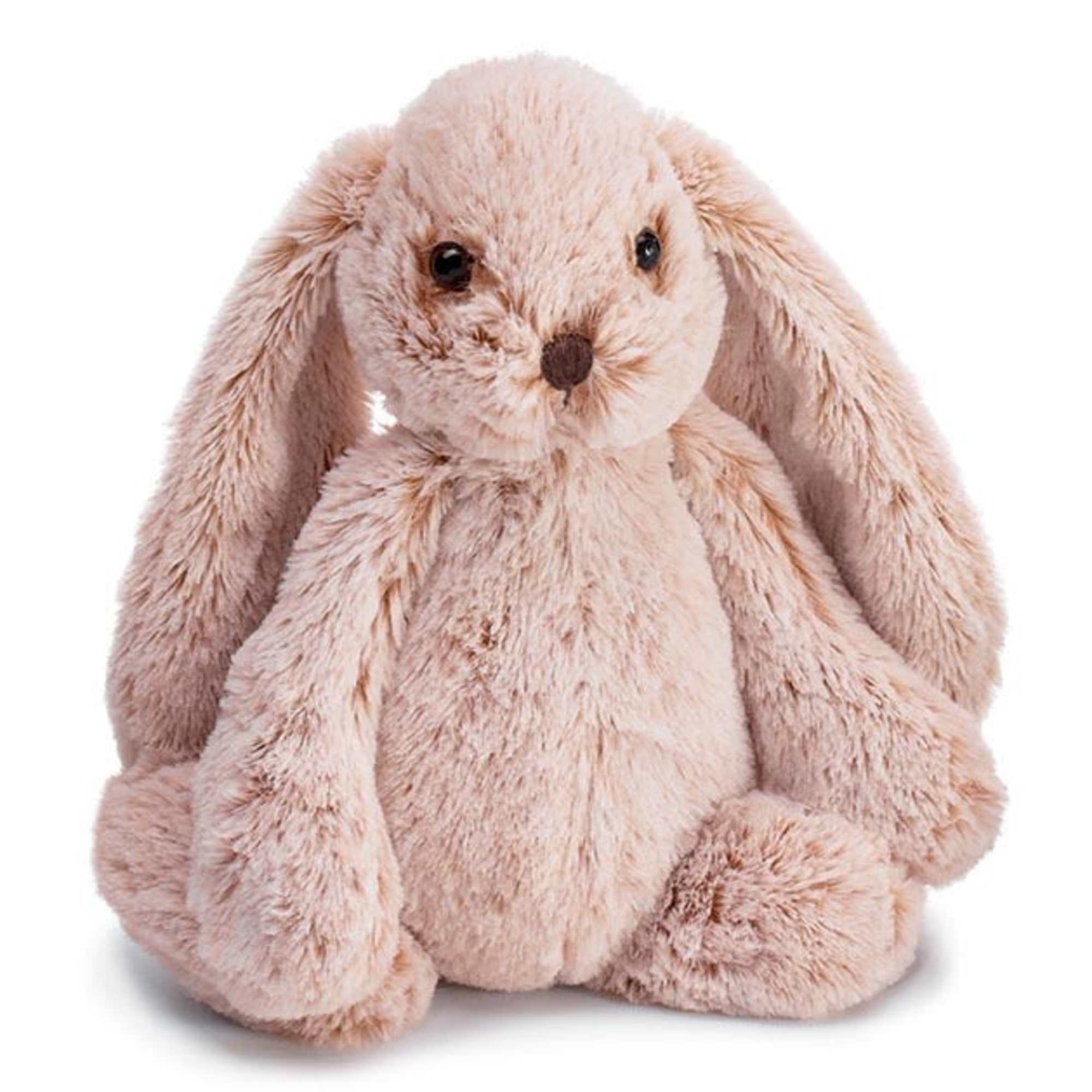 Plush beige bunny with a brown stitched nose. The bunny has long