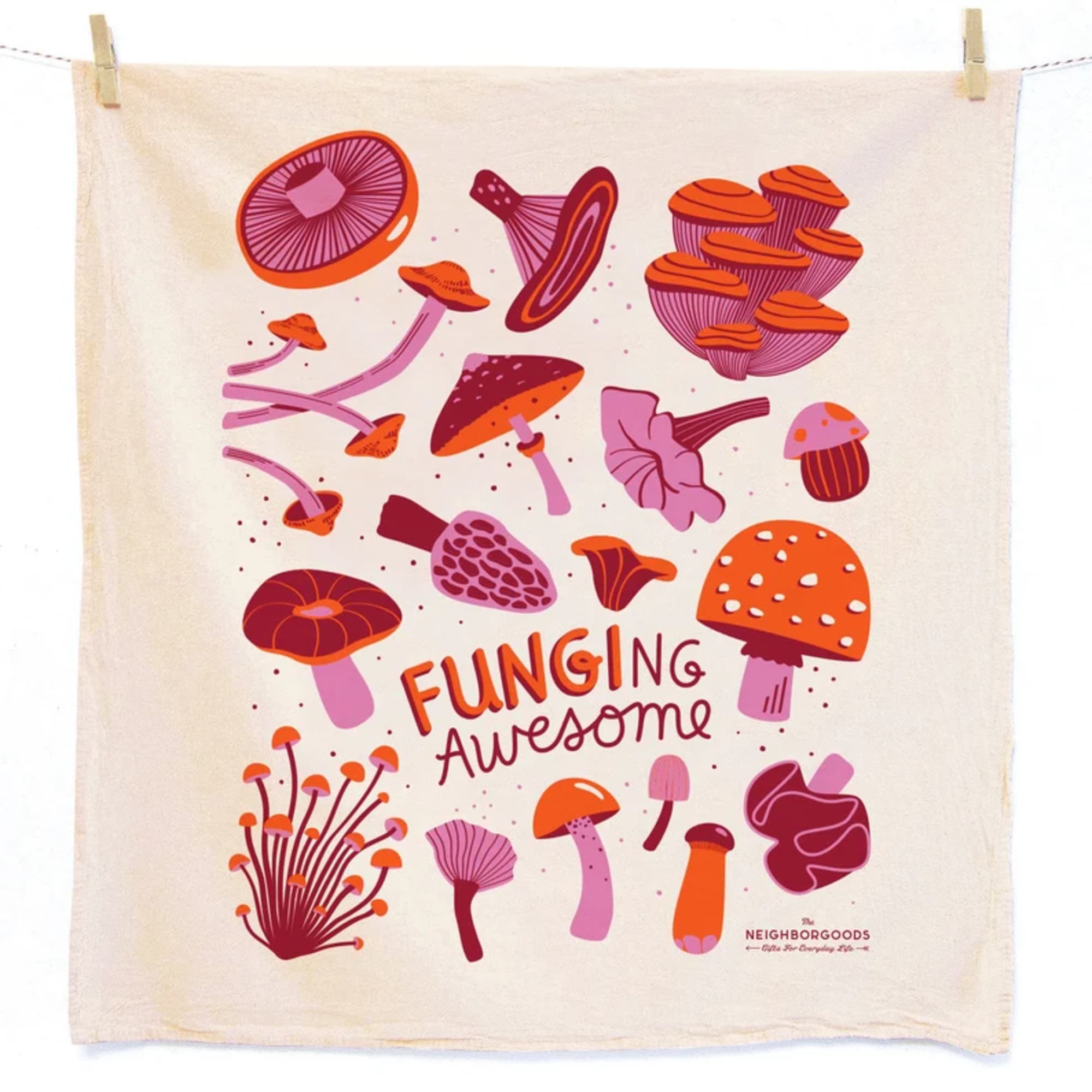 Cream-colored kitchen towel with pink and orange illustrated mushrooms and the text 'Funging Awesome'.