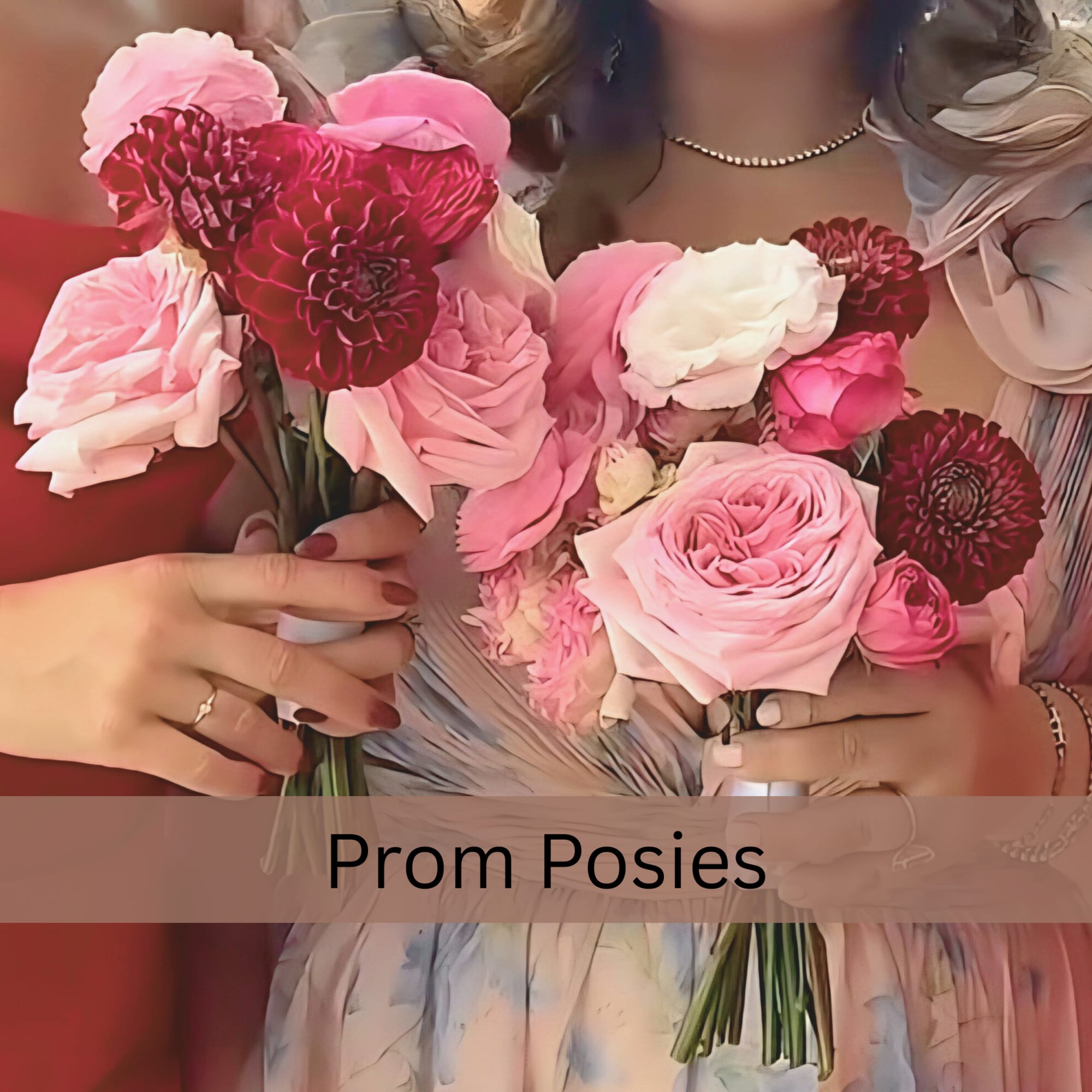 Two pink and burgundy prom bouquets held by women in formal dresses