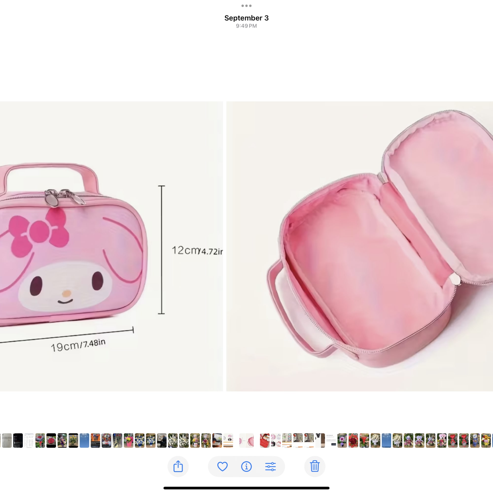 Pink cartoon lunch bag with a handle and zipper