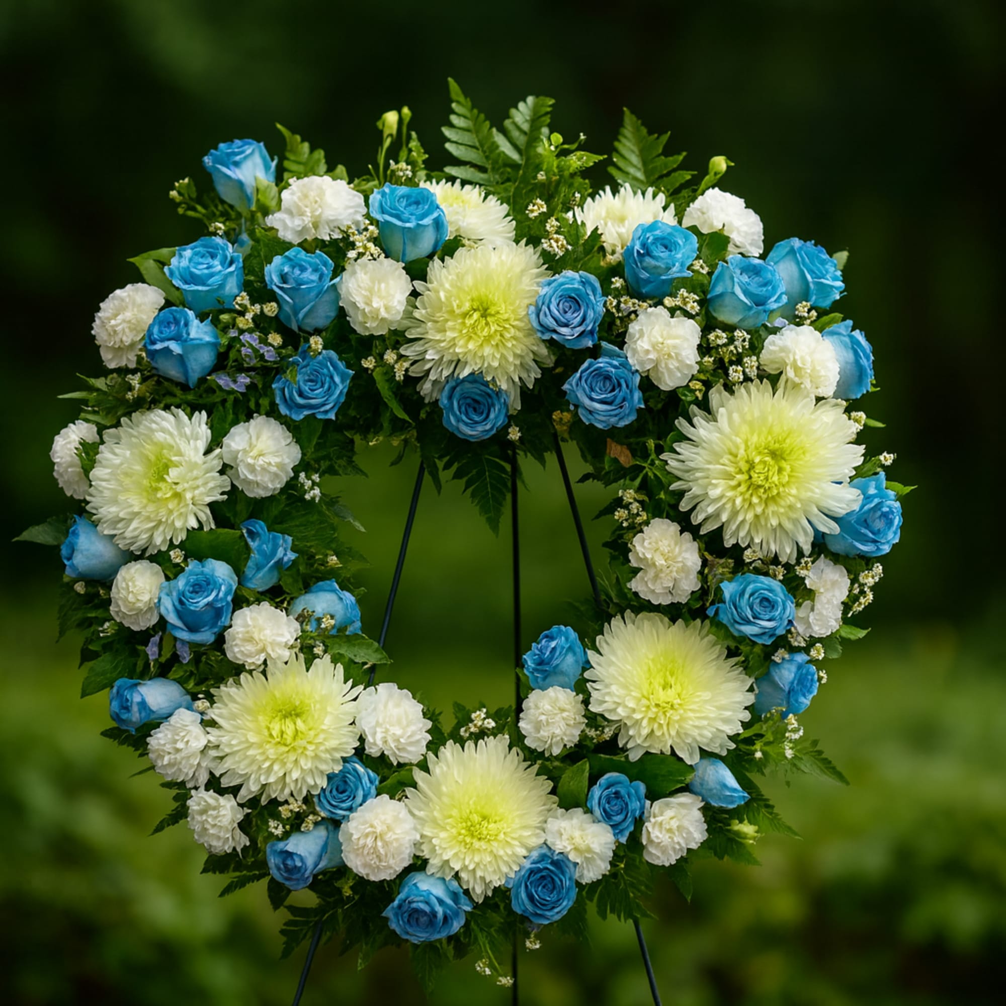 Heart-shaped floral wreath with blue and white flowers on a stand