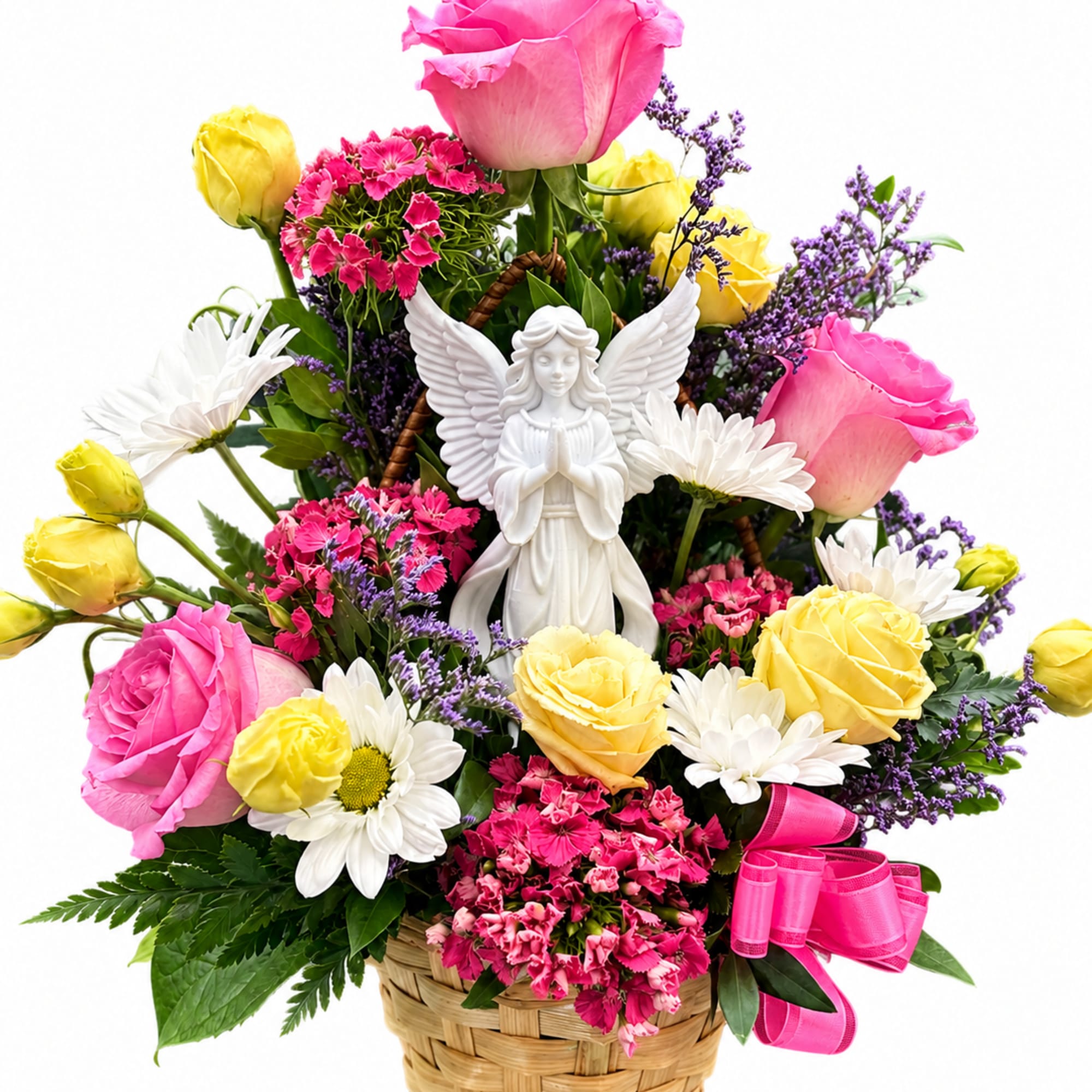 Basket arrangement of pink and yellow roses with daisies and an angel figurine