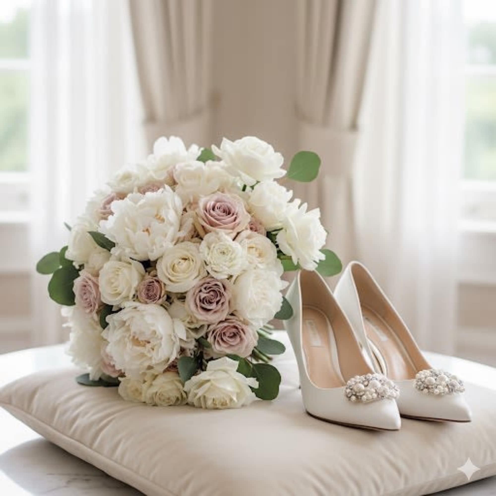 White and blush bridal bouquet beside white embellished heels