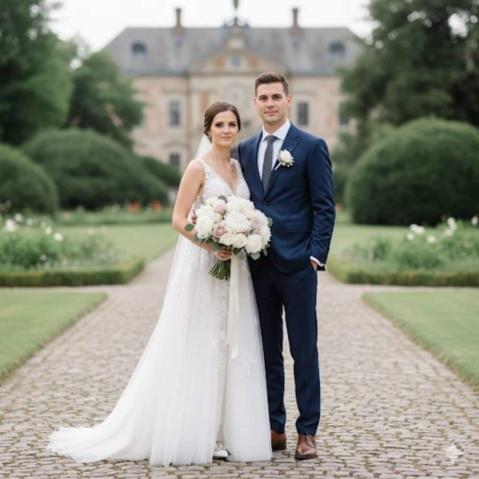 Bride and groom posing outdoors, bride holding a white bouquet