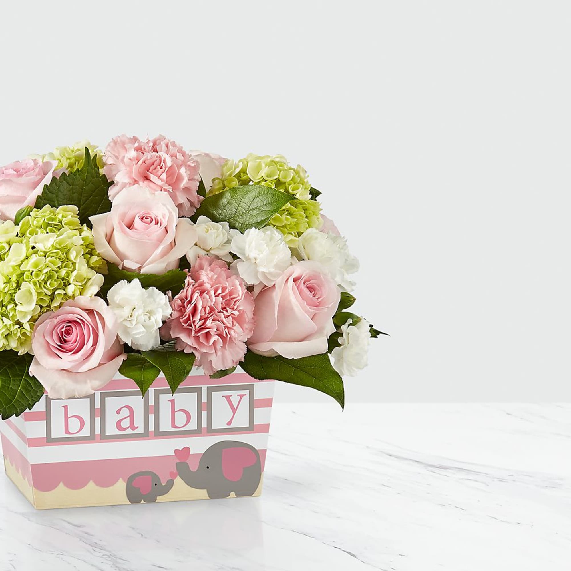 Pink and white flower arrangement in a baby-themed box, photo 2 of 3