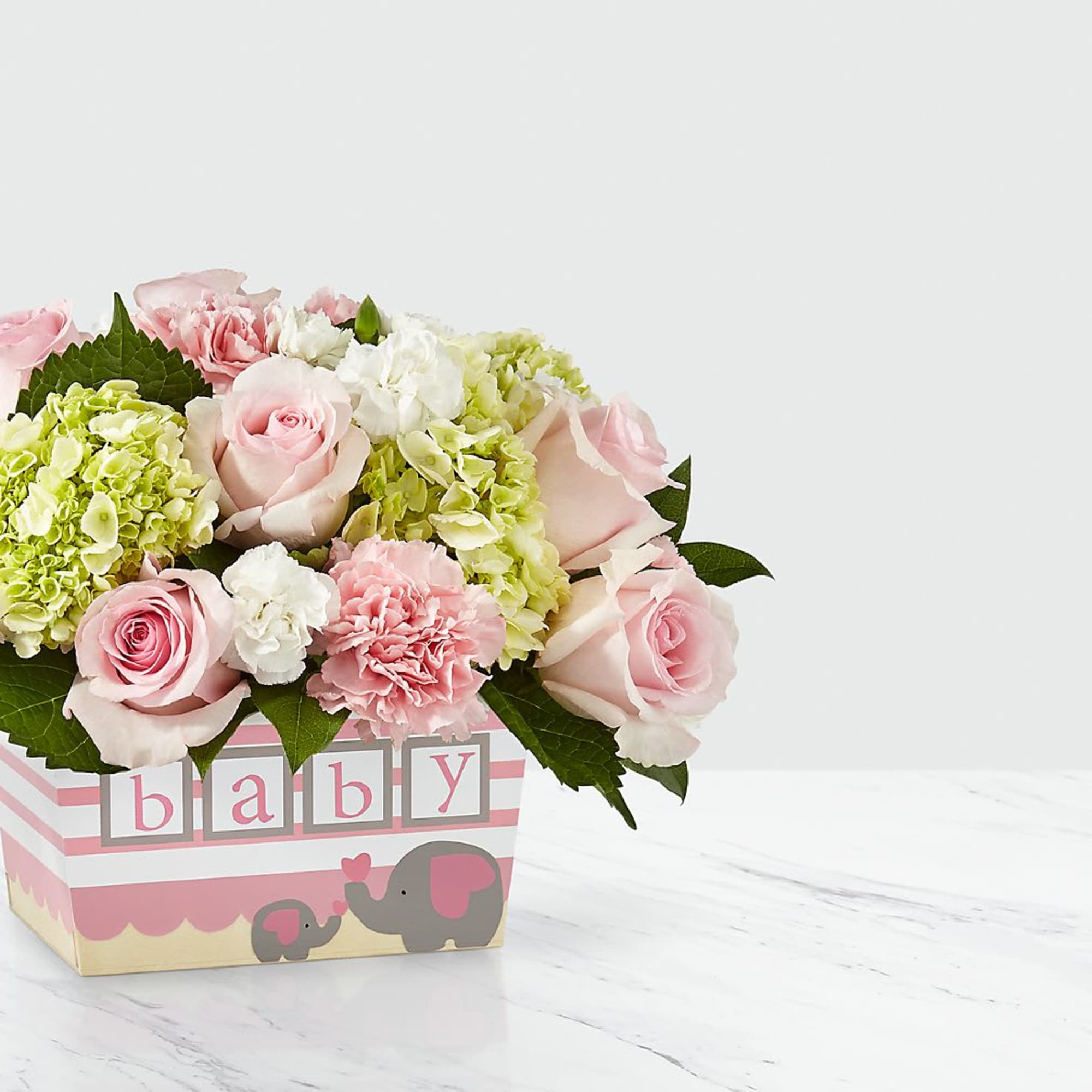 Pink and white flower arrangement in a baby-themed box, photo 3 of 3