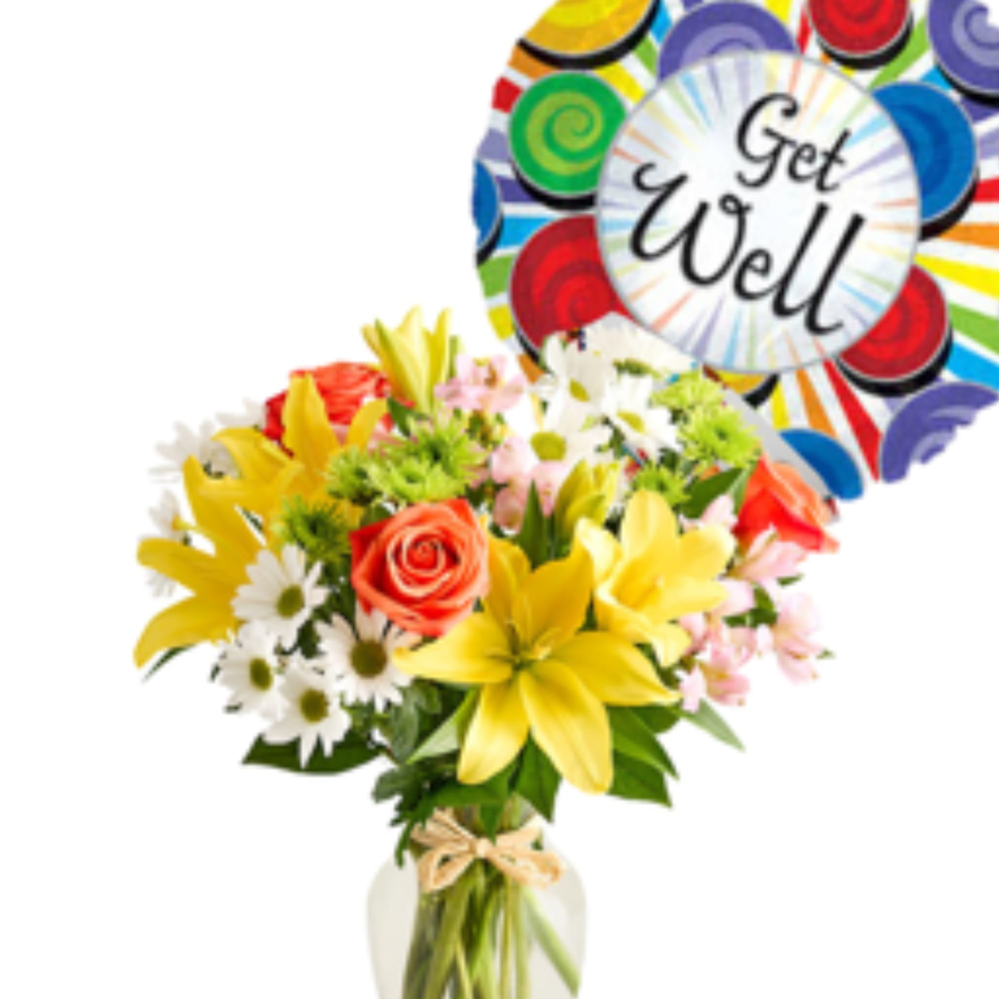 Mixed bouquet in a glass vase with a Get Well balloon
