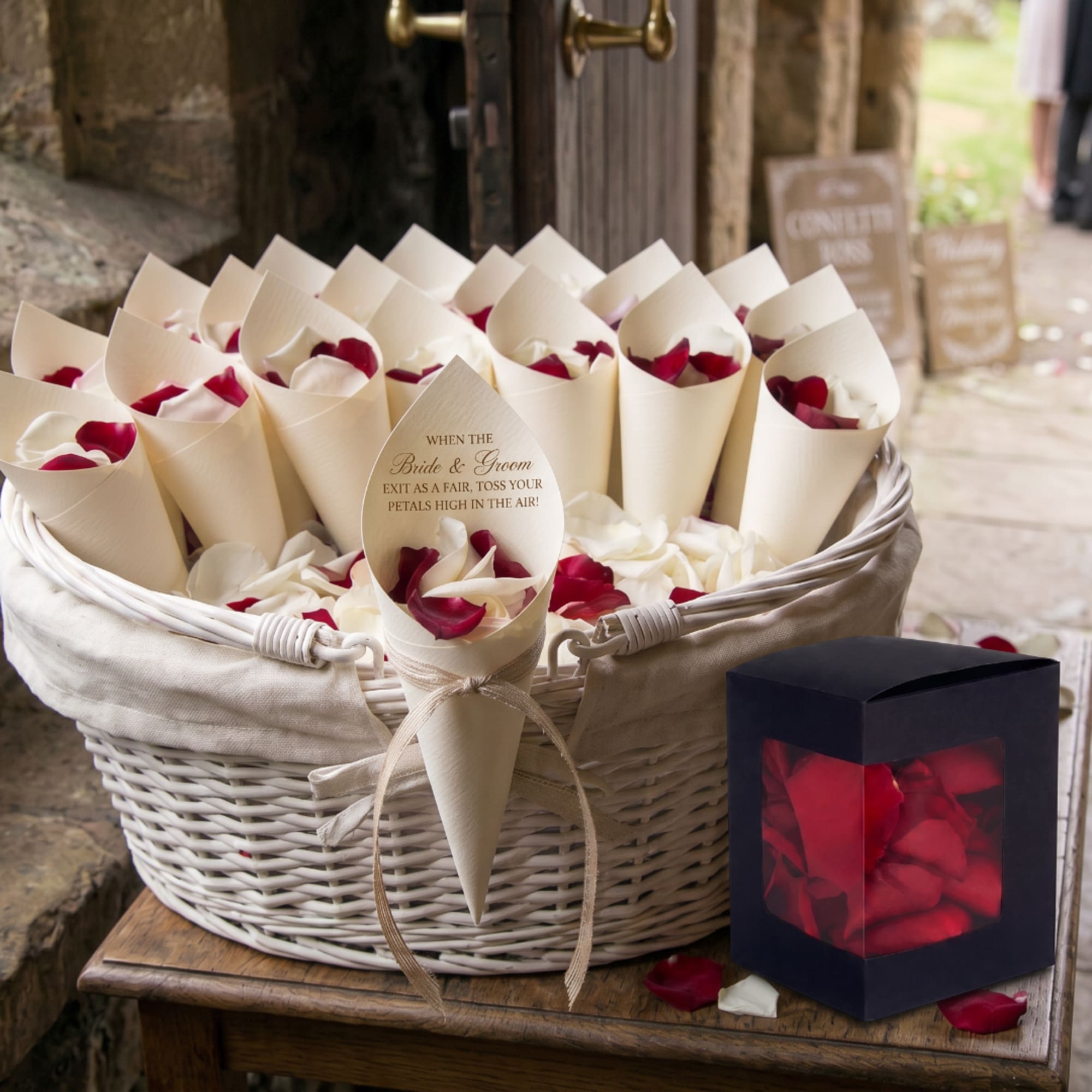 Basket of rose petals in cream paper cones with a gift box beside it