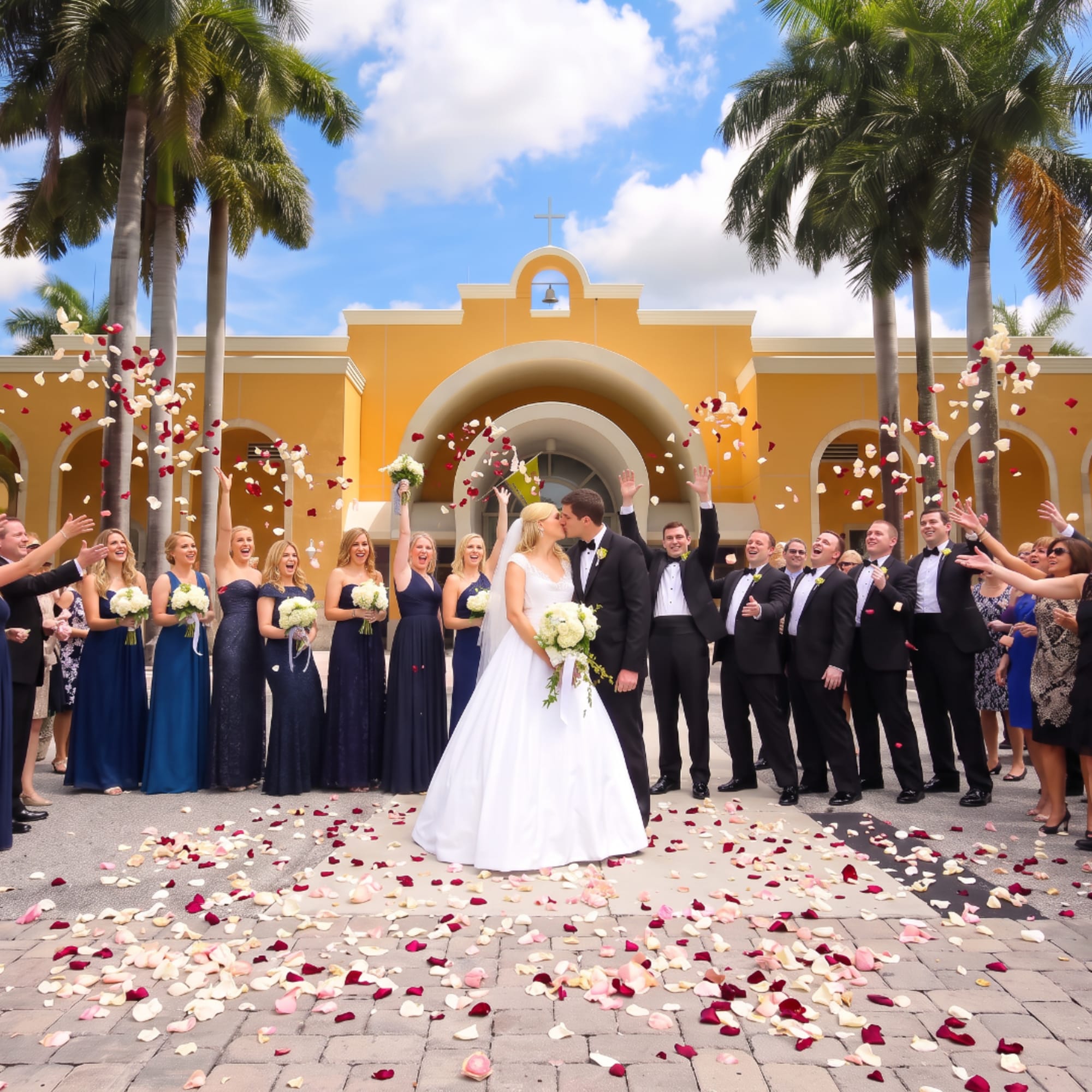 Bride and groom kissing outside a church with wedding party and flower petals