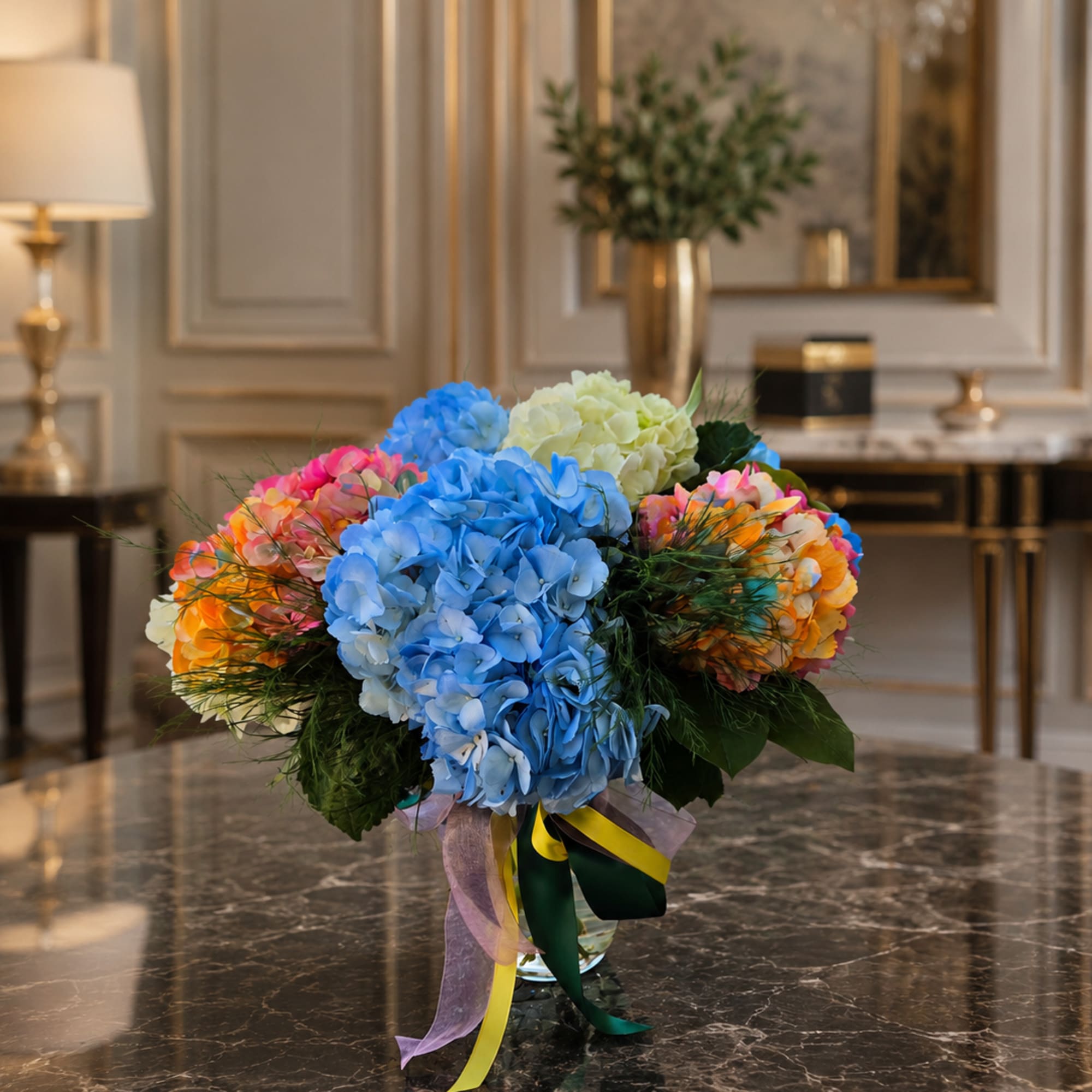 Colorful hydrangea bouquet in a glass vase with ribbon tails