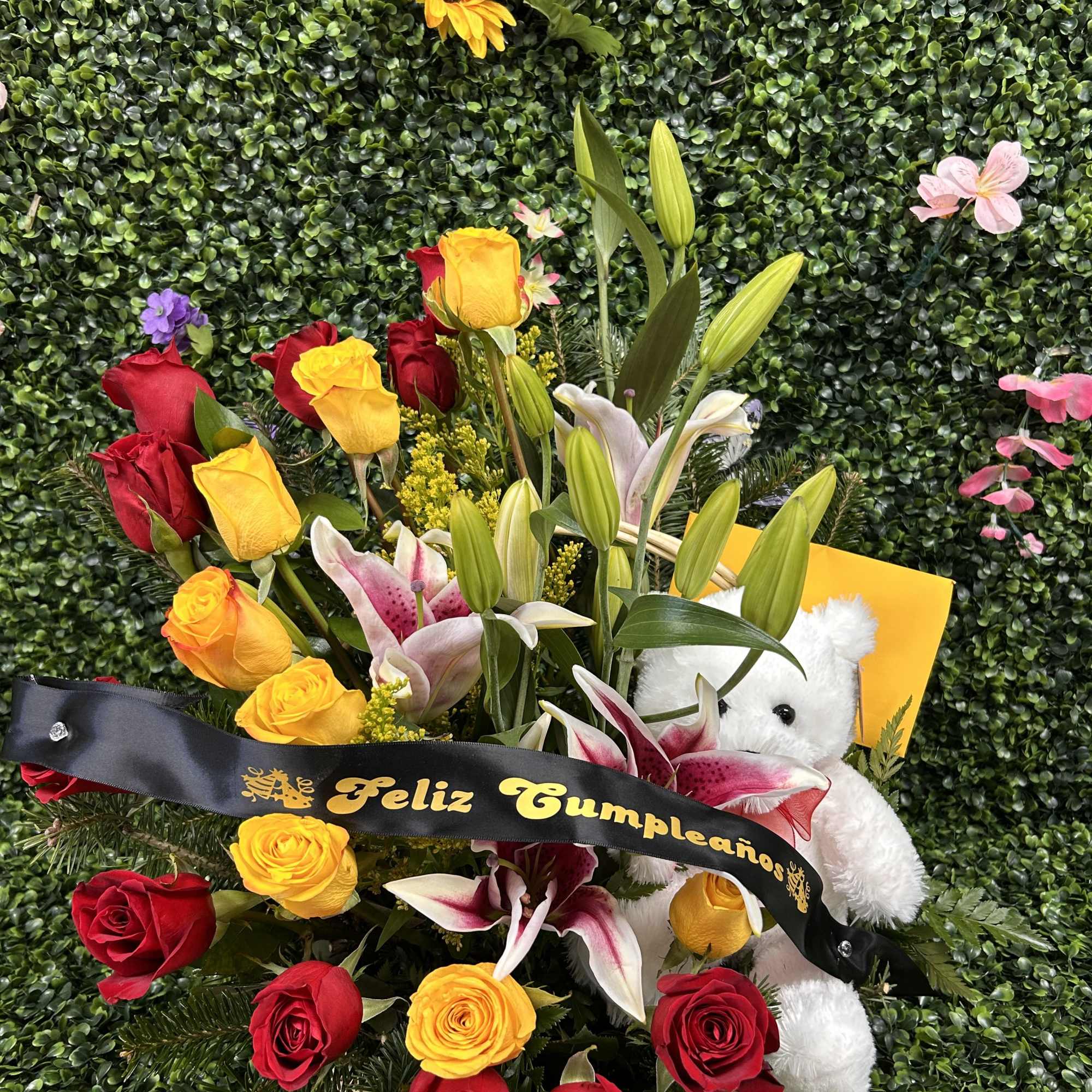 CUTE BIRTHDAY OR ANY OCASION ARRANGEMENT WITH ROSES LILIES AND A LITTLE, photo 2 of 2