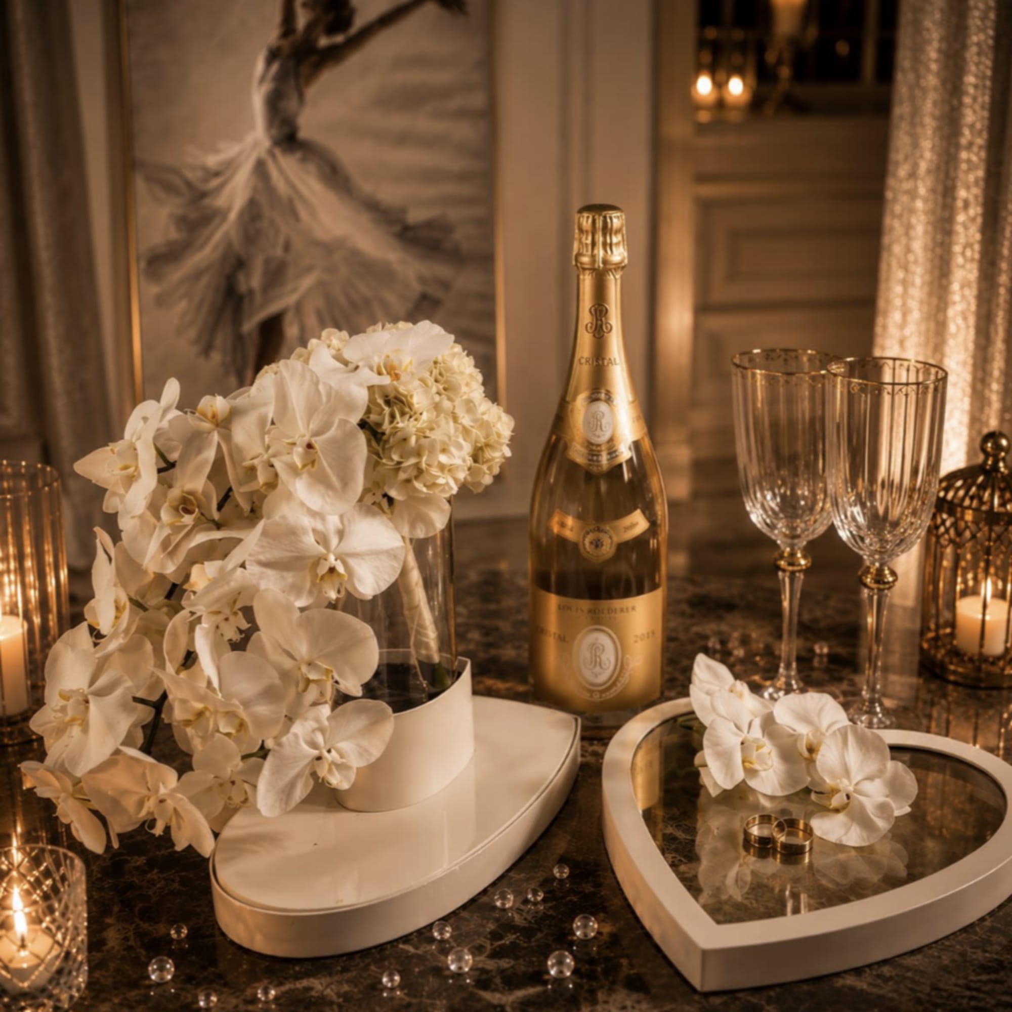 The bridal bouquet is an elegant and romantic arrangement, perfect for a