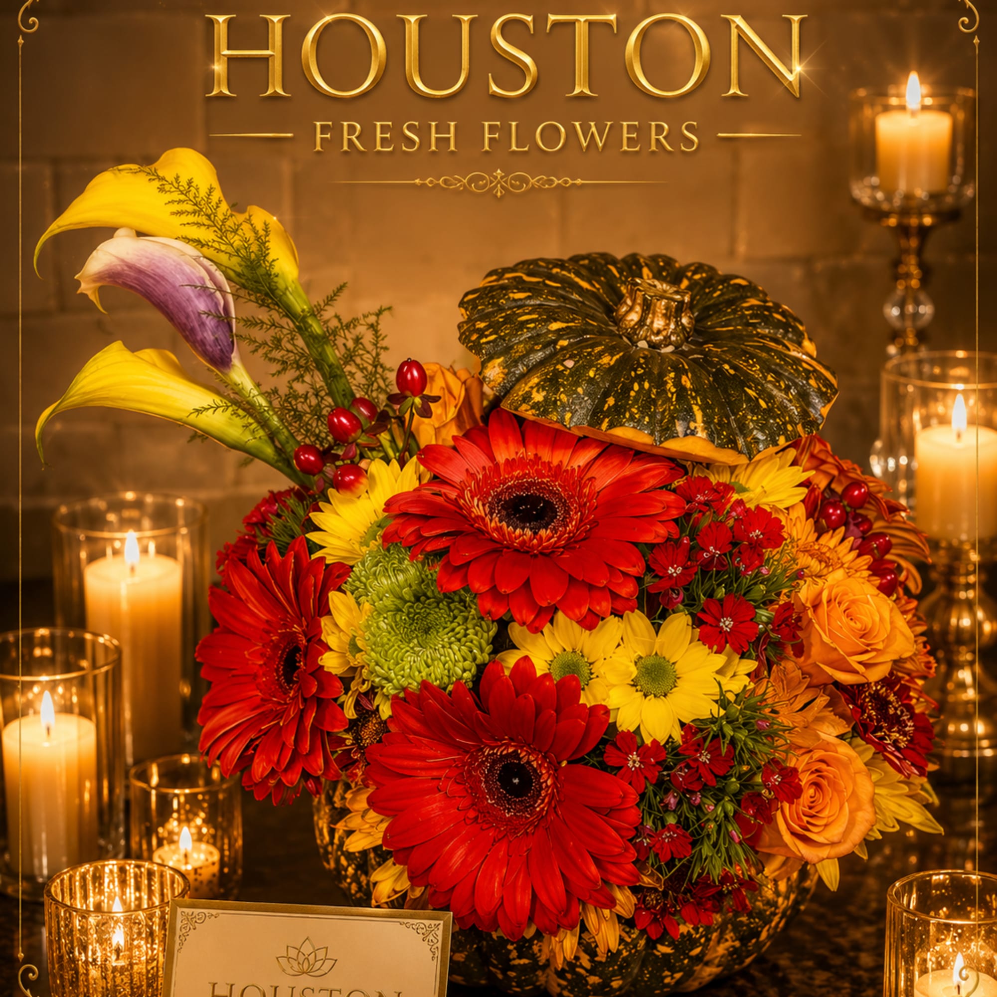 This festive holiday arrangement is designed inside a natural pumpkin vessel, creating, photo 2 of 2