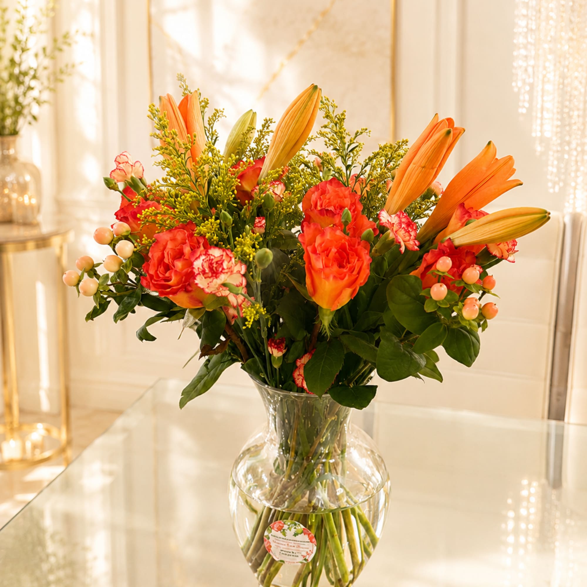 Orange and coral bouquet in a clear glass vase