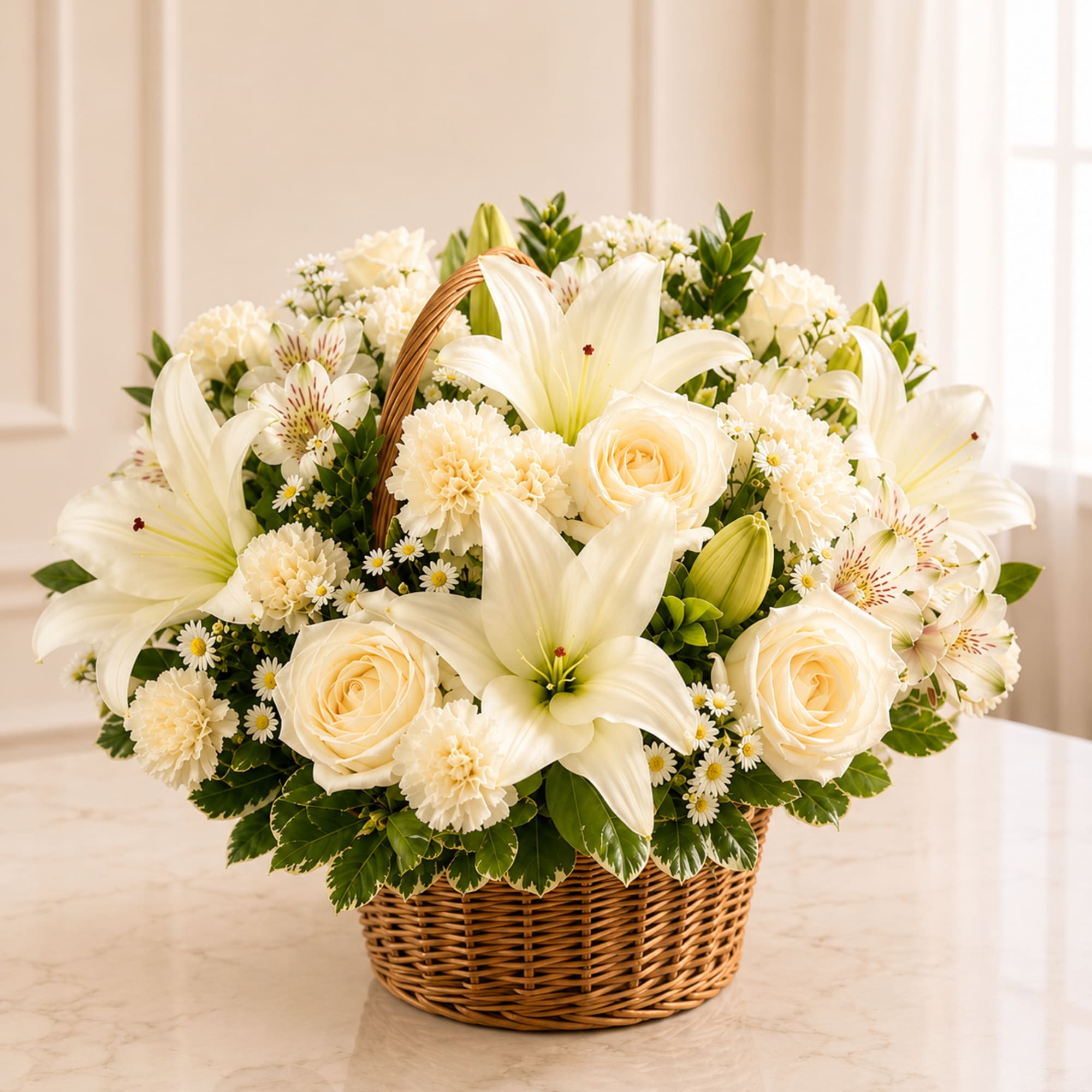 White lilies and roses arranged in a wicker basket