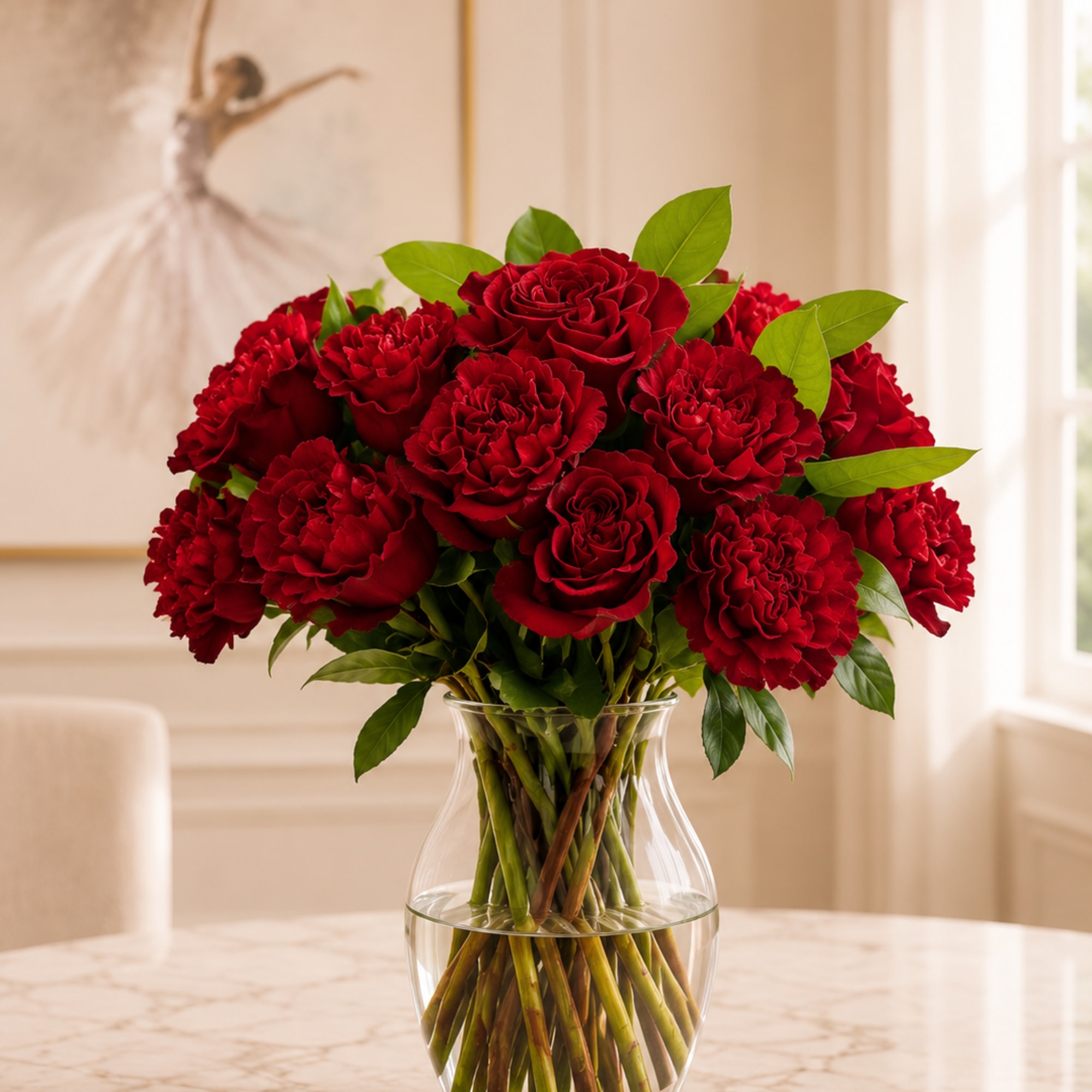Red roses and carnations in a clear glass vase, photo 2 of 2