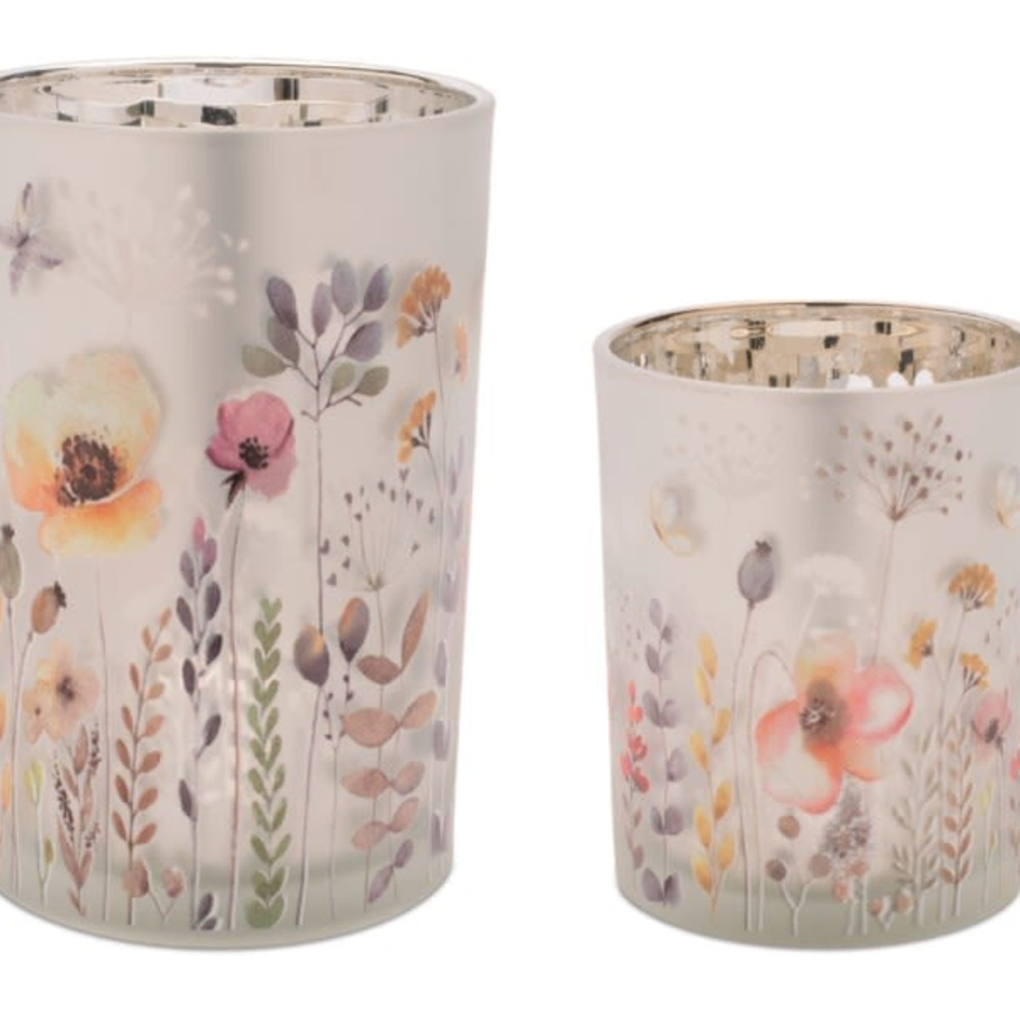 Set of two cylindrical glass candle holders (two heights) with pastel watercolor