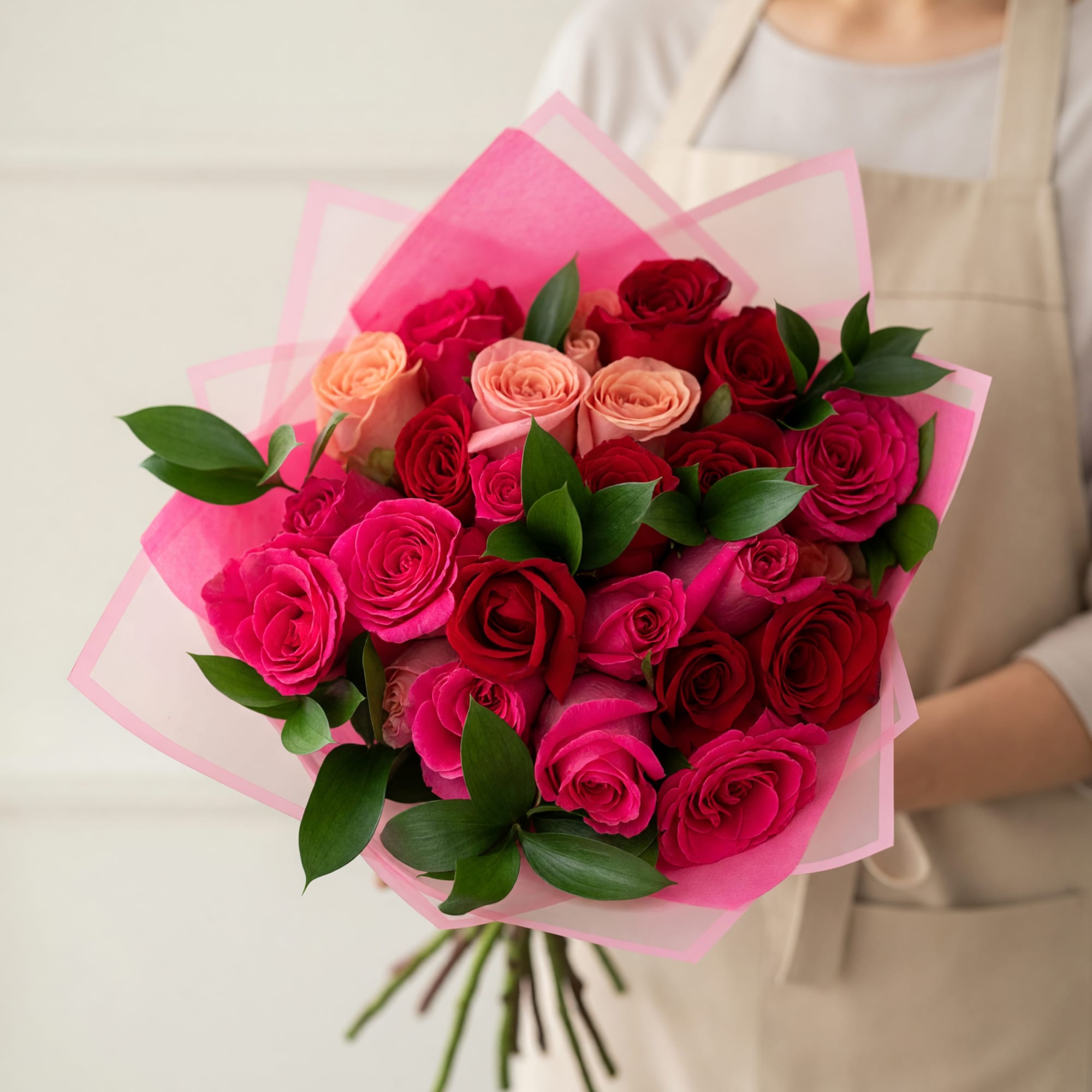 A lush mix of pink, red and soft peach roses creates an, photo 2 of 2