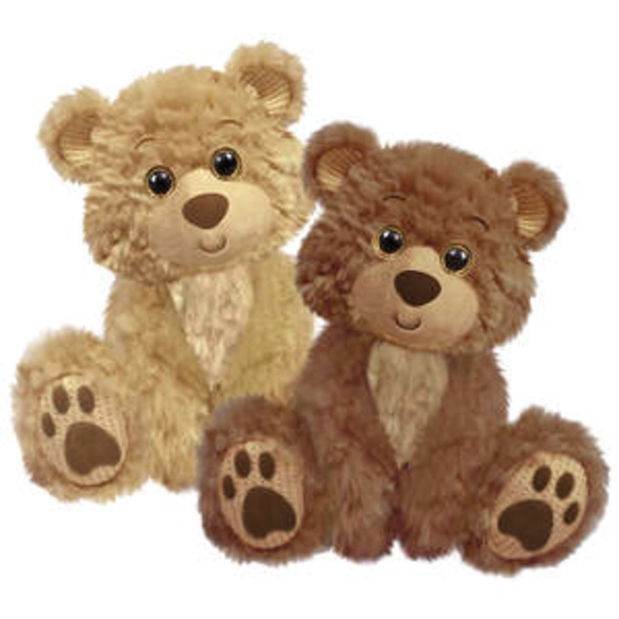 Two plush teddy bears sitting side by side on a white background