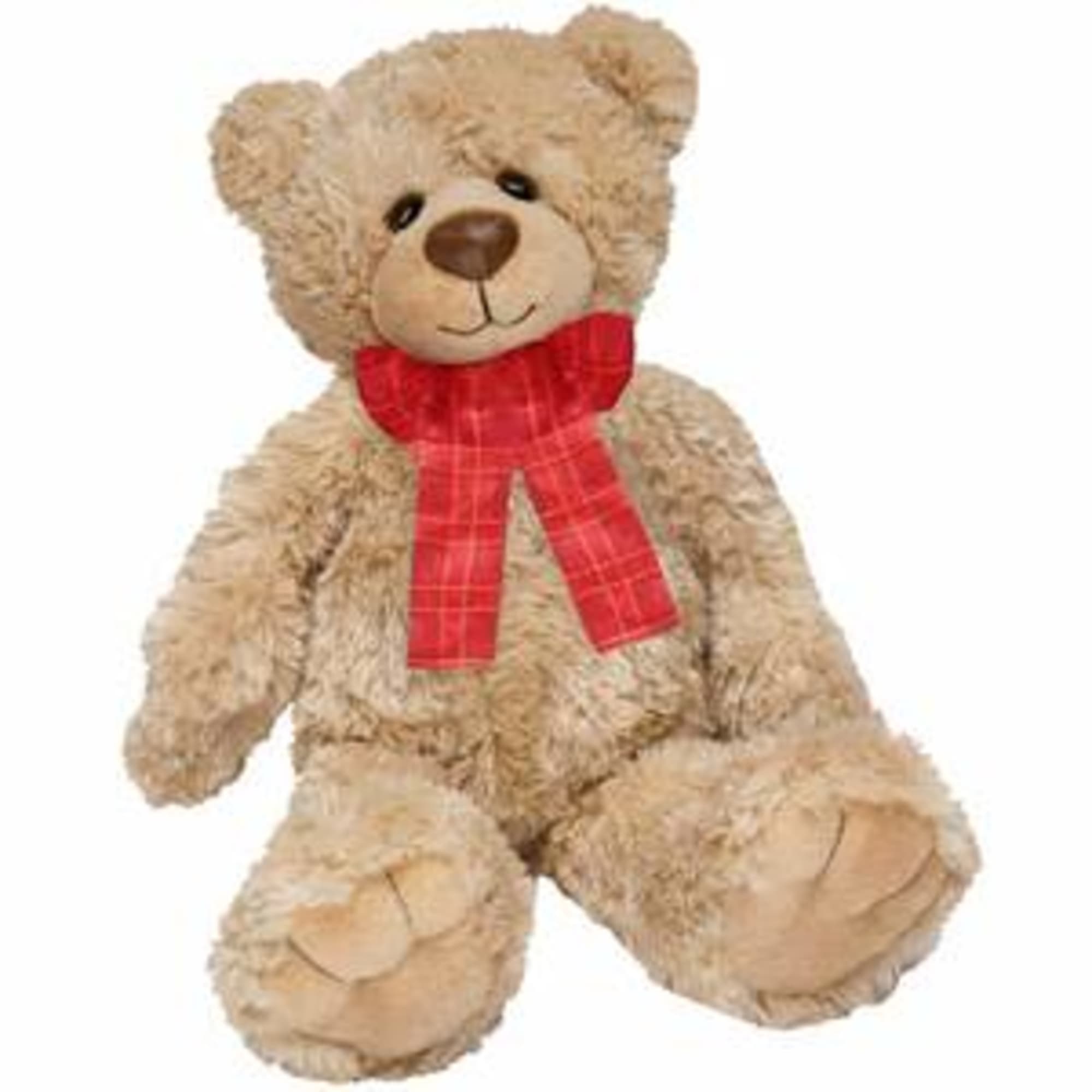 Teddy bear with a red plaid scarf