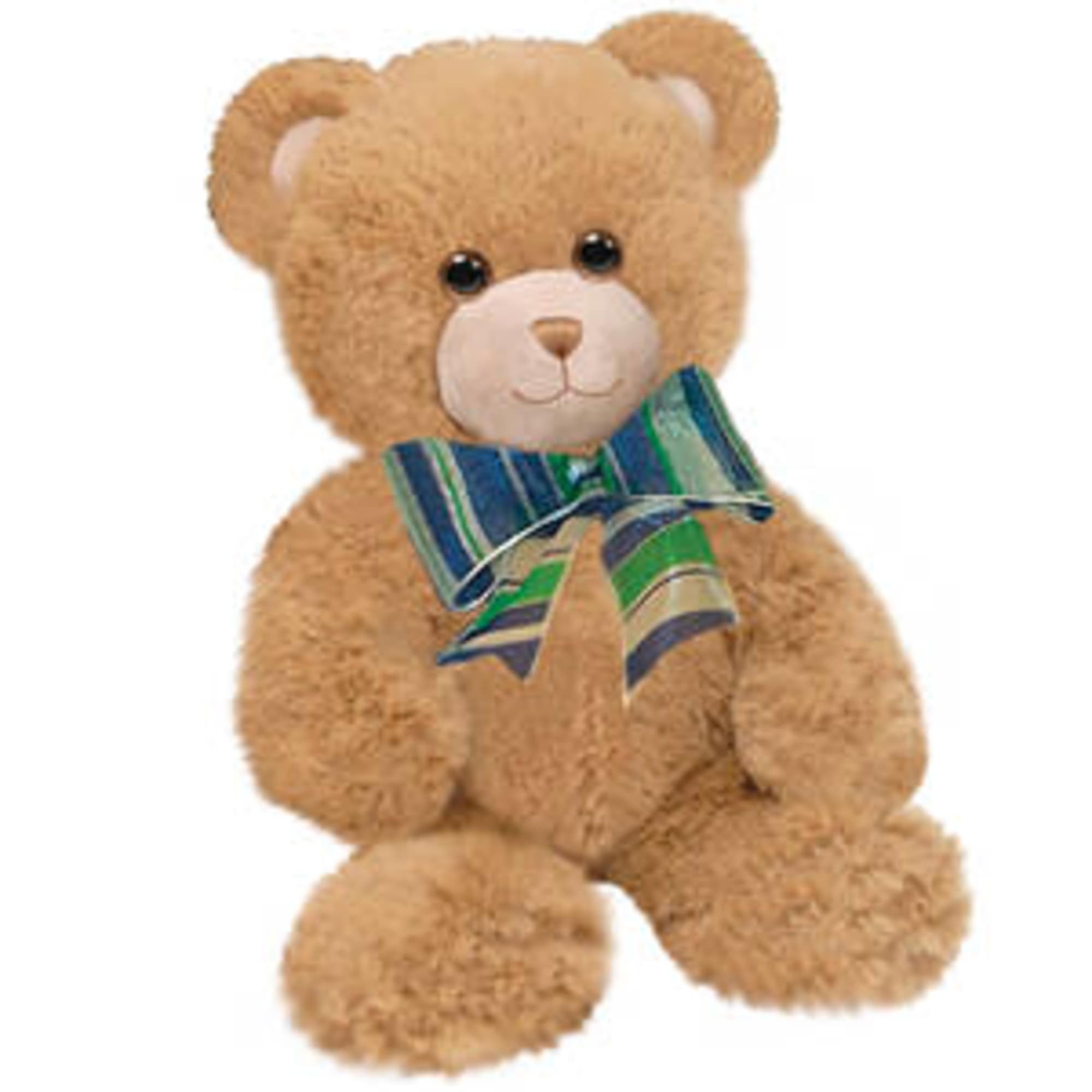Tan teddy bear with a striped bow tie